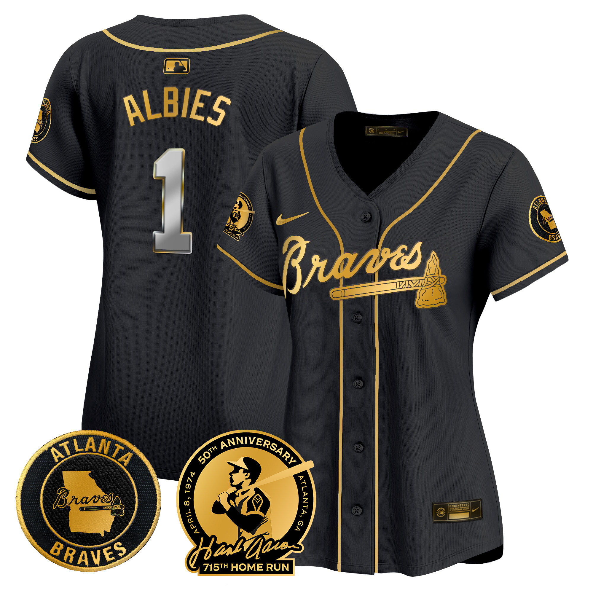 Ozzie Albies Women's Atlanta Braves Hank Aaron 715th Home Run Patch Vapor Premier Limited Black Gold Jersey - All Stitched