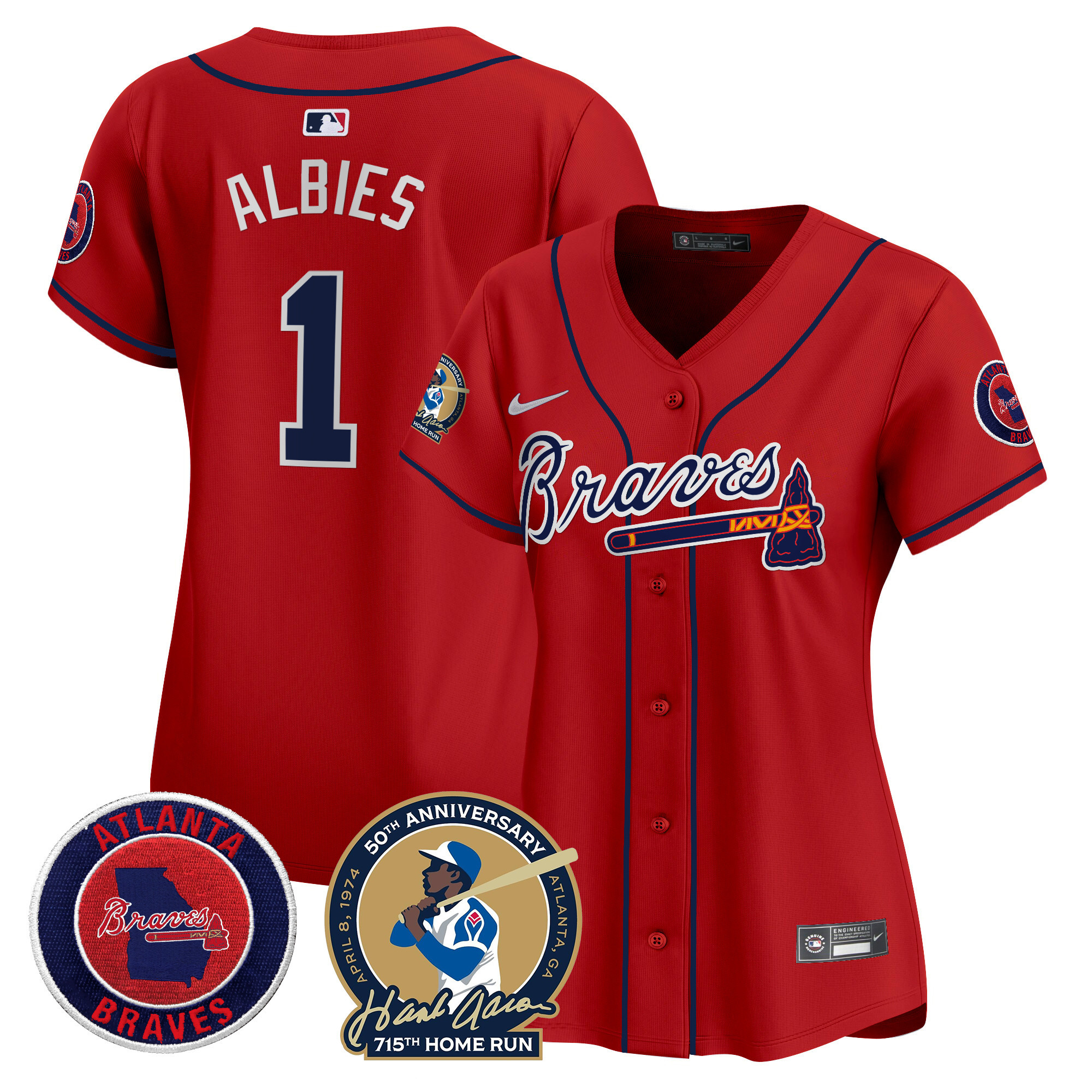 Ozzie Albies Women's Atlanta Braves Hank Aaron 715th Home Run Patch Vapor Premier Limited Red Jersey - All Stitched