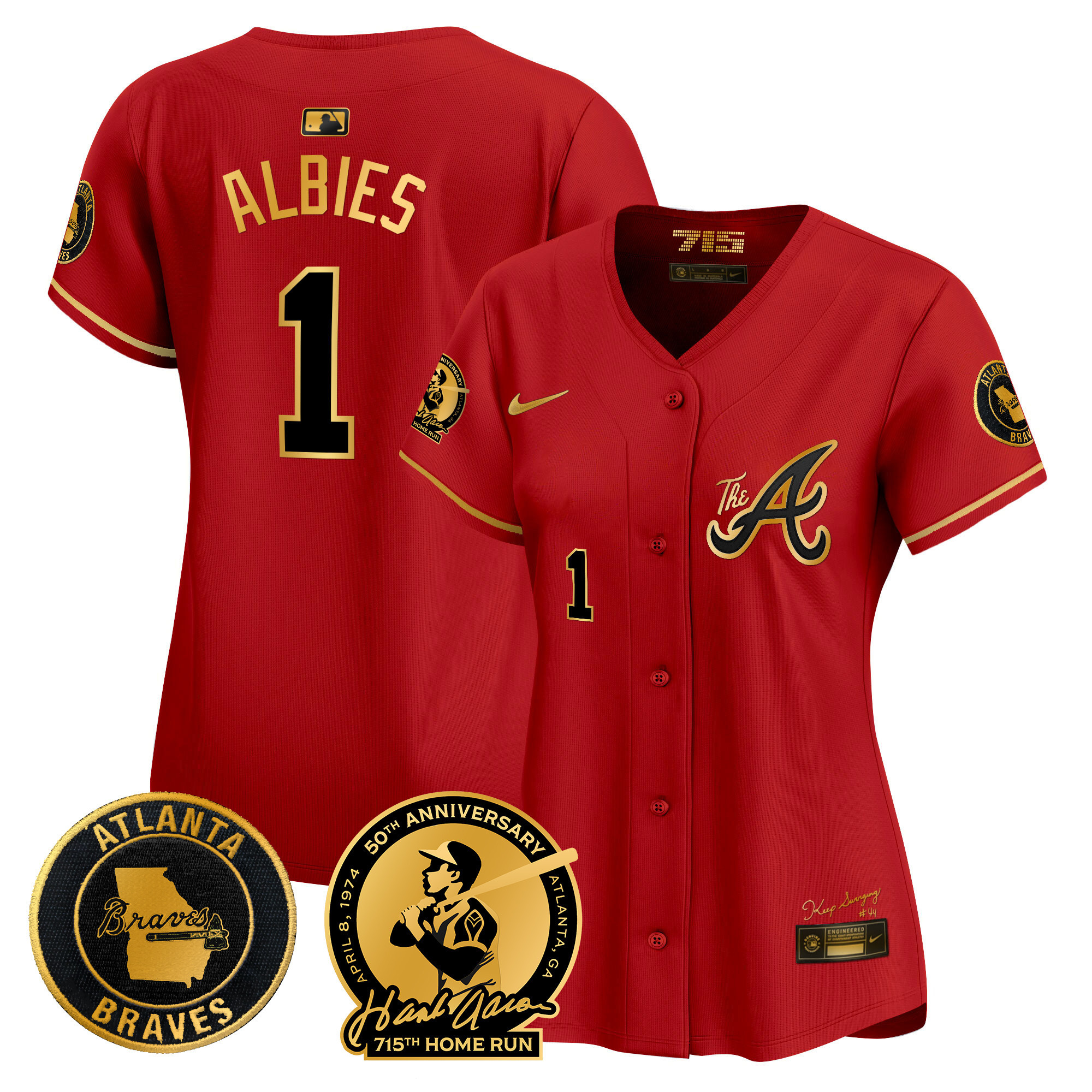 Ozzie Albies Women's Atlanta Braves Hank Aaron 715th Home Run Patch Vapor Premier Limited V2 Red Gold Jersey - All Stitched