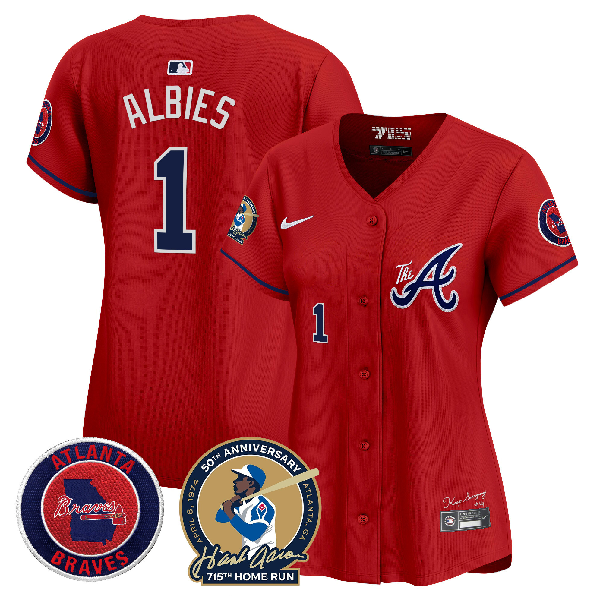 Ozzie Albies Women's Atlanta Braves Hank Aaron 715th Home Run Patch Vapor Premier Limited V2 Red Jersey - All Stitched