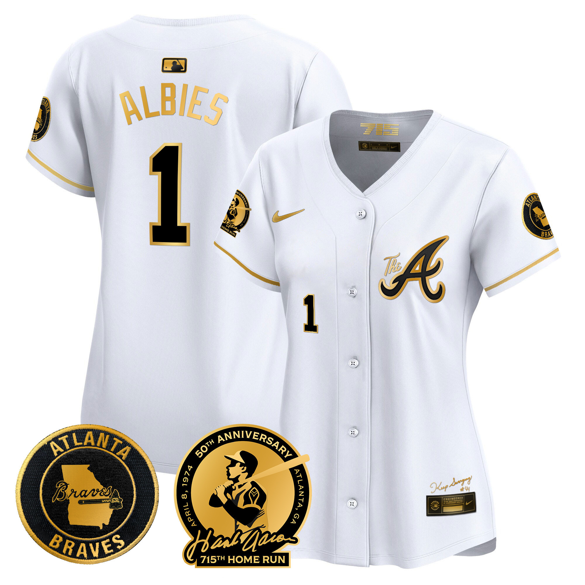 Ozzie Albies Women's Atlanta Braves Hank Aaron 715th Home Run Patch Vapor Premier Limited V2 White Gold Jersey - All Stitched