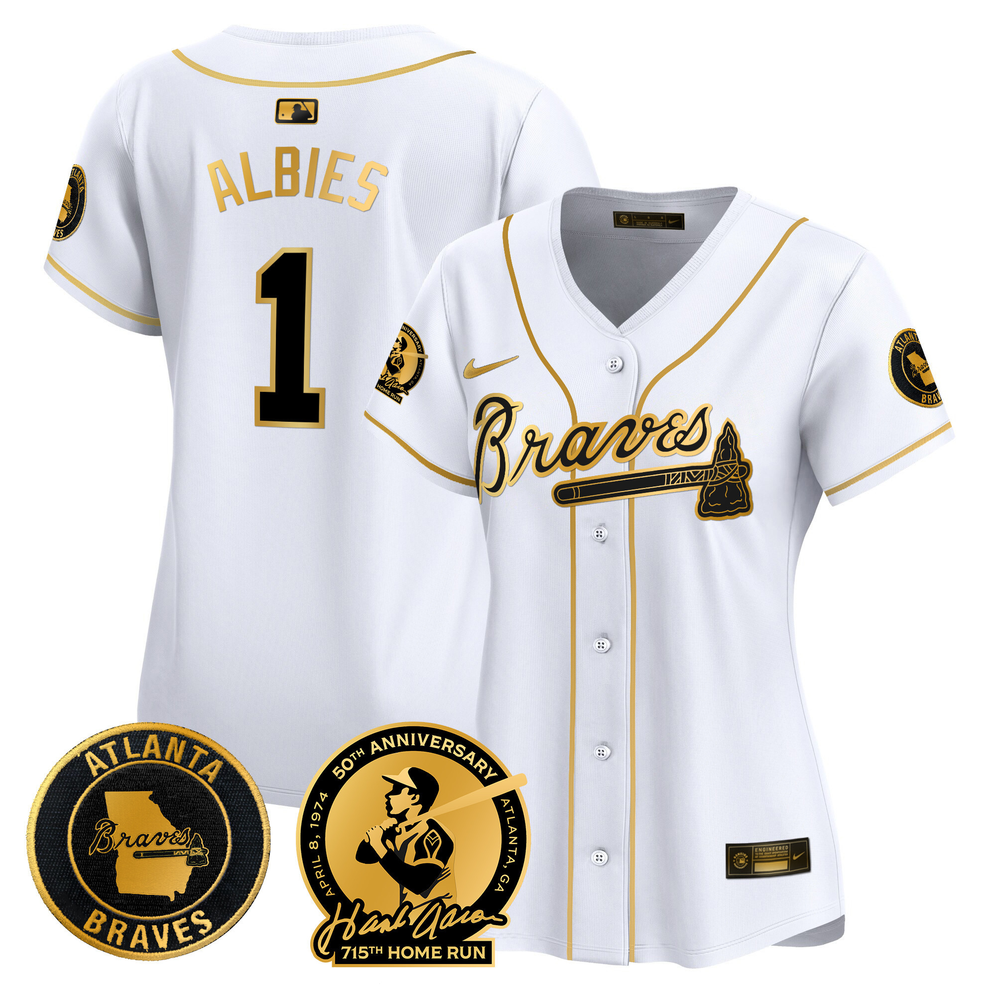Ozzie Albies Women's Atlanta Braves Hank Aaron 715th Home Run Patch Vapor Premier Limited White Gold Jersey - All Stitched