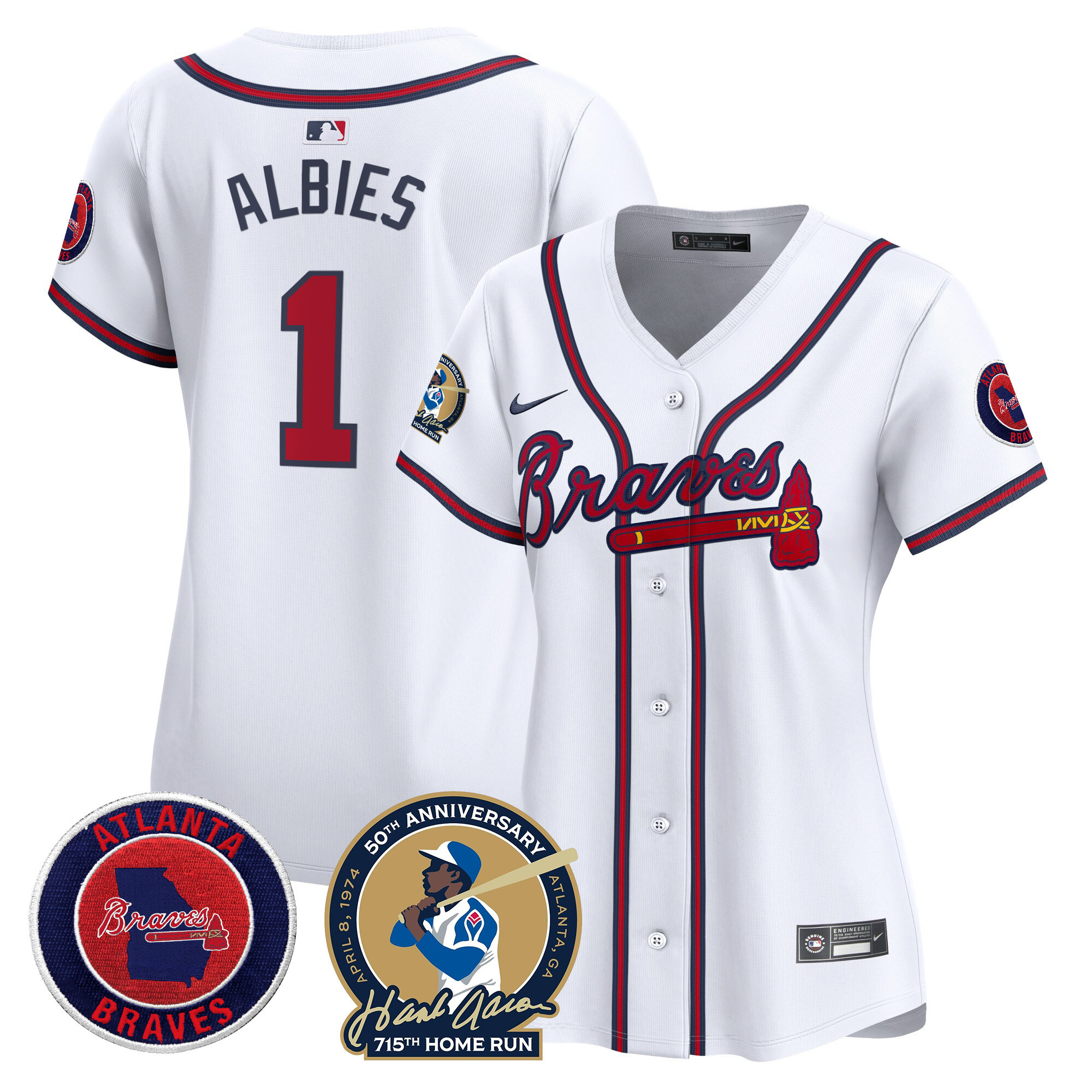 Ozzie Albies Women's Atlanta Braves Hank Aaron 715th Home Run Patch Vapor Premier Limited White Jersey - All Stitched
