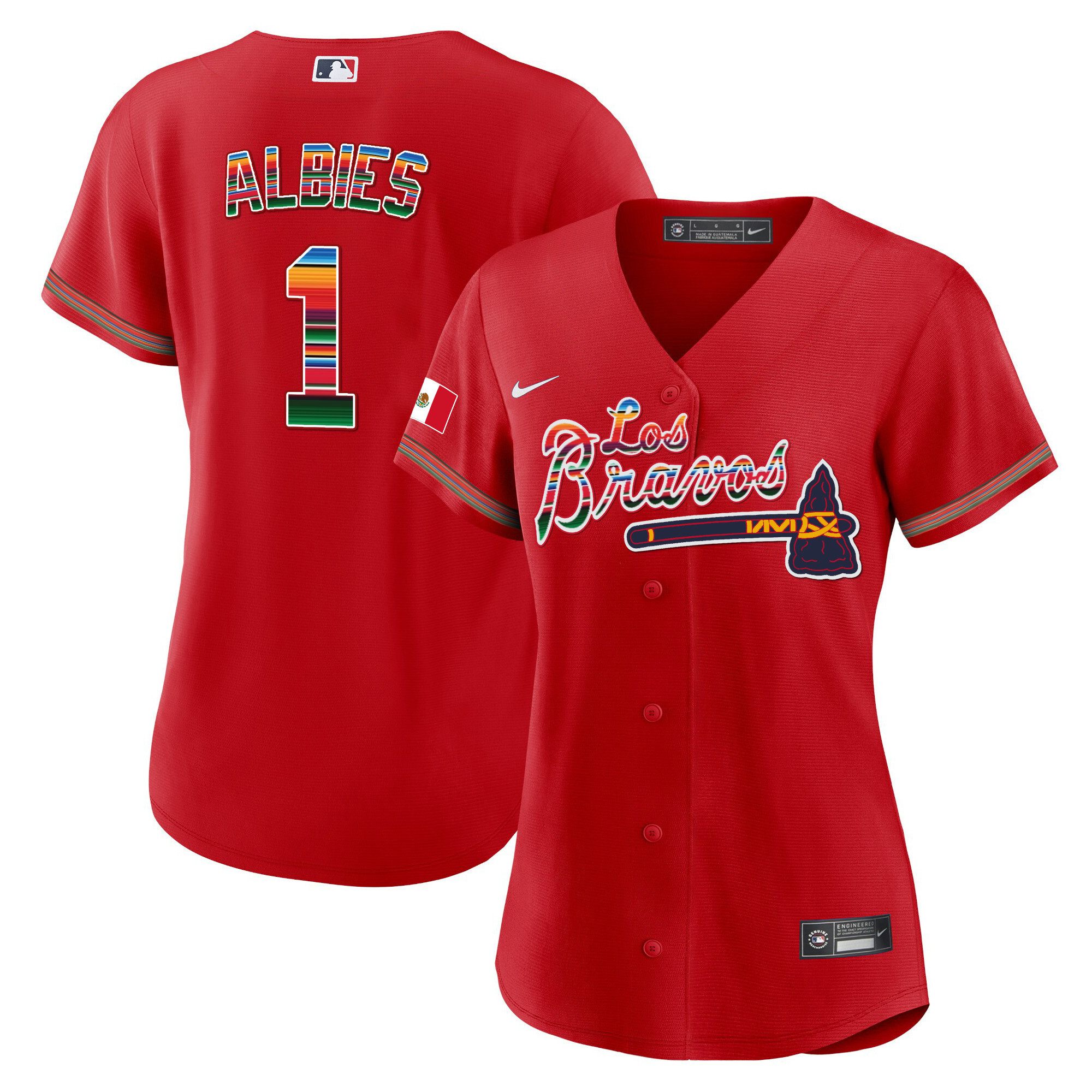 Ozzie Albies Women's Atlanta Braves Los Bravos Mexico Red Jersey - All Stitched