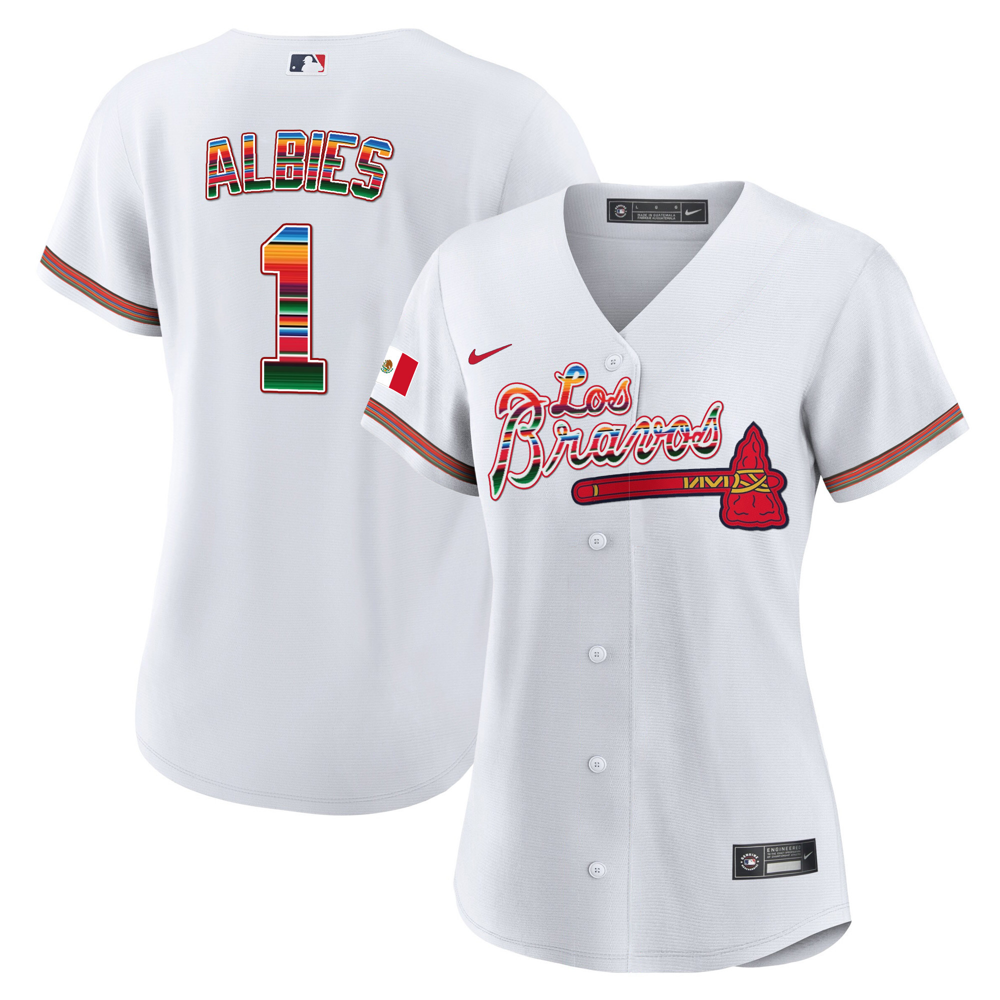 Ozzie Albies Women's Atlanta Braves Los Bravos Mexico White Jersey - All Stitched