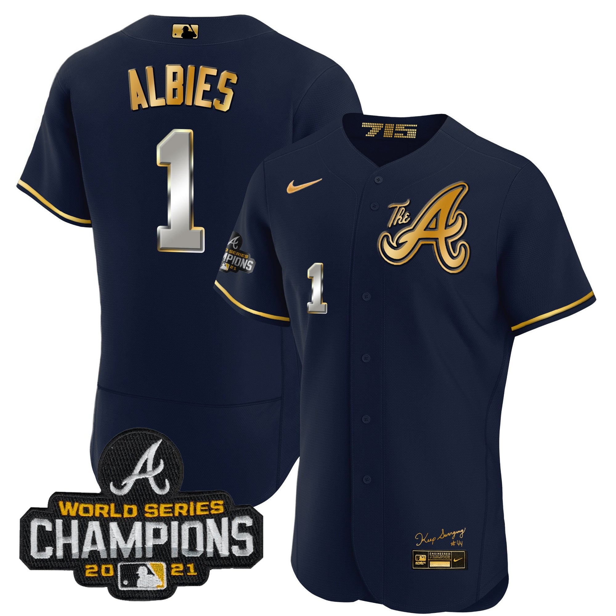 Ozzie Albies Youth's Atlanta Braves Champions City Connect Gold Flex Base Navy Gold Jersey - All Stitched