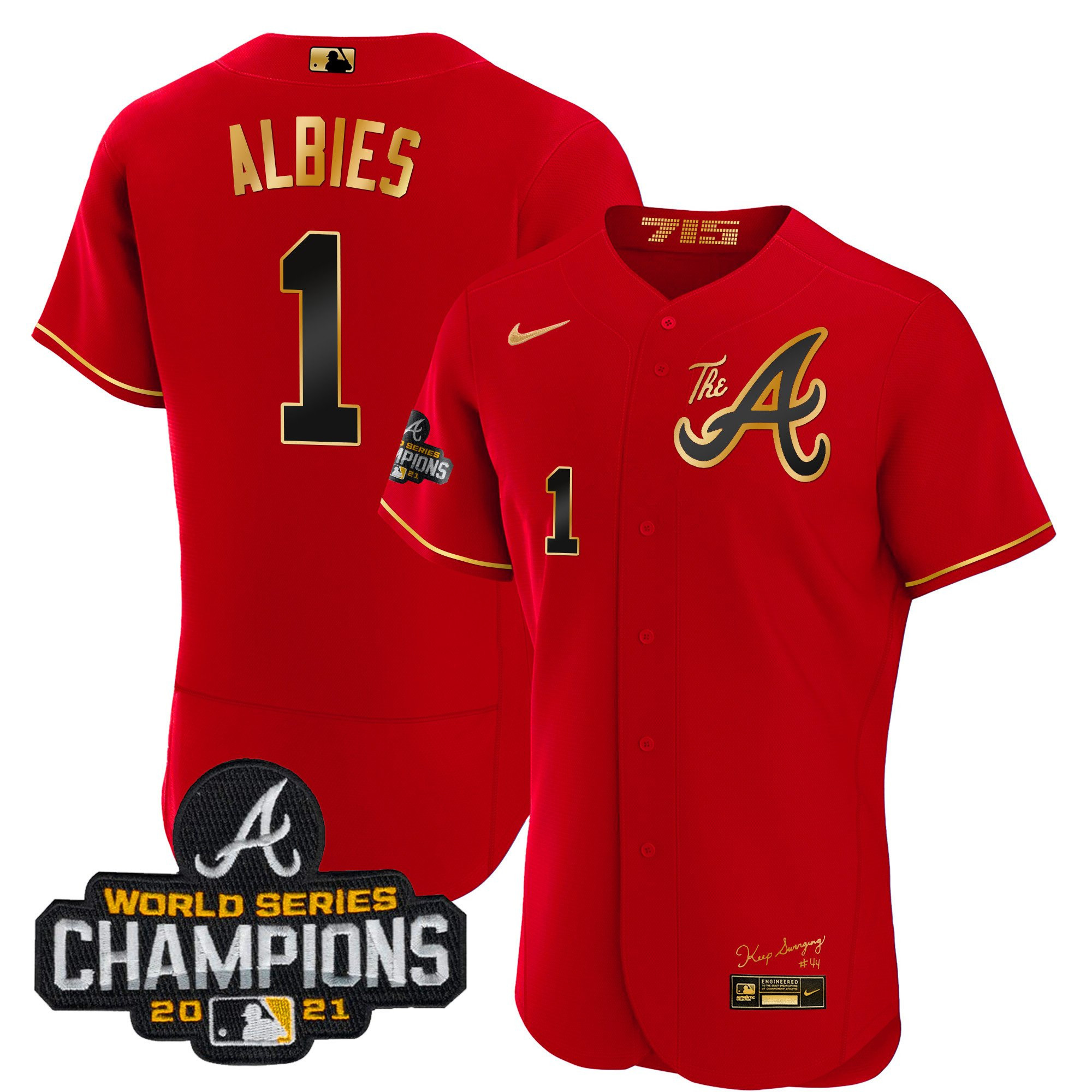 Ozzie Albies Youth's Atlanta Braves Champions City Connect Gold Flex Base Red Gold Jersey - All Stitched