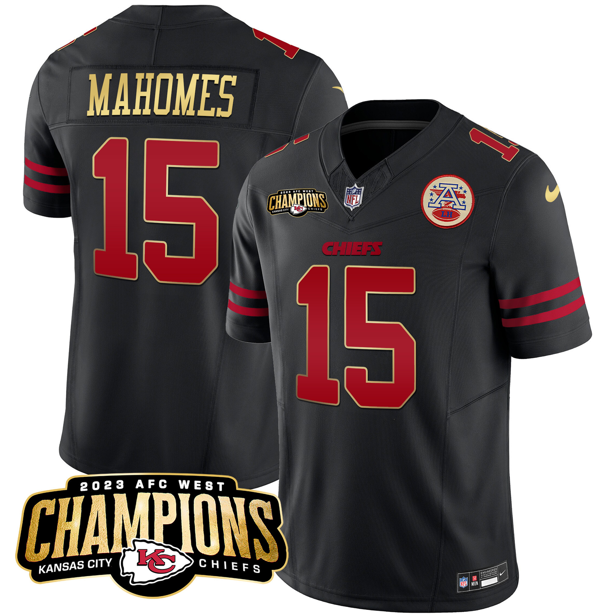Patrick Mahomes Men's Kansas City Chiefs 2023 AFC West Champions Patch Vapor Limited Gold Trim Jersey - All Stitched 
