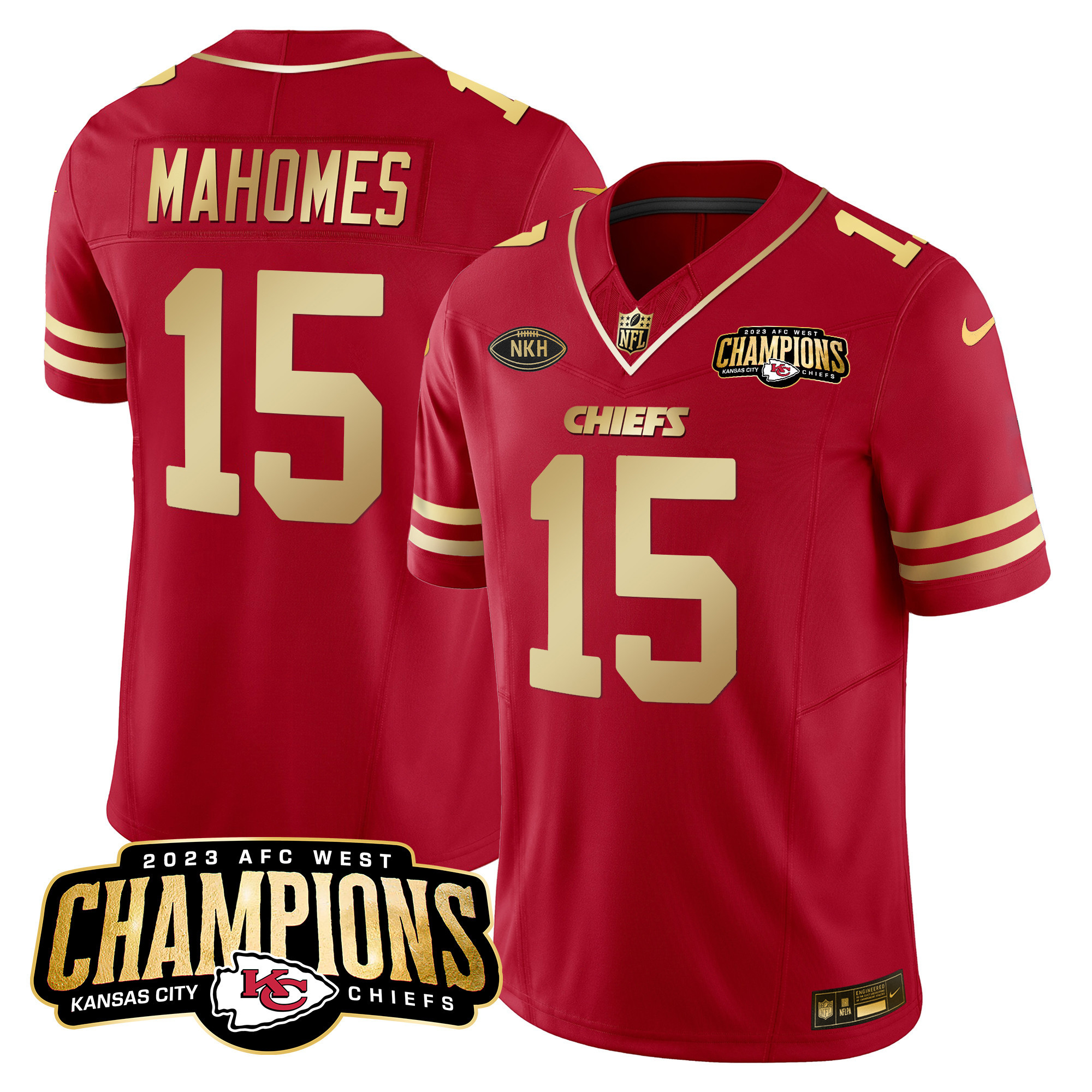 Patrick Mahomes Men's Kansas City Chiefs 2023 AFC West Champions Patch Vapor Limited Red Gold Jersey - All Stitched 