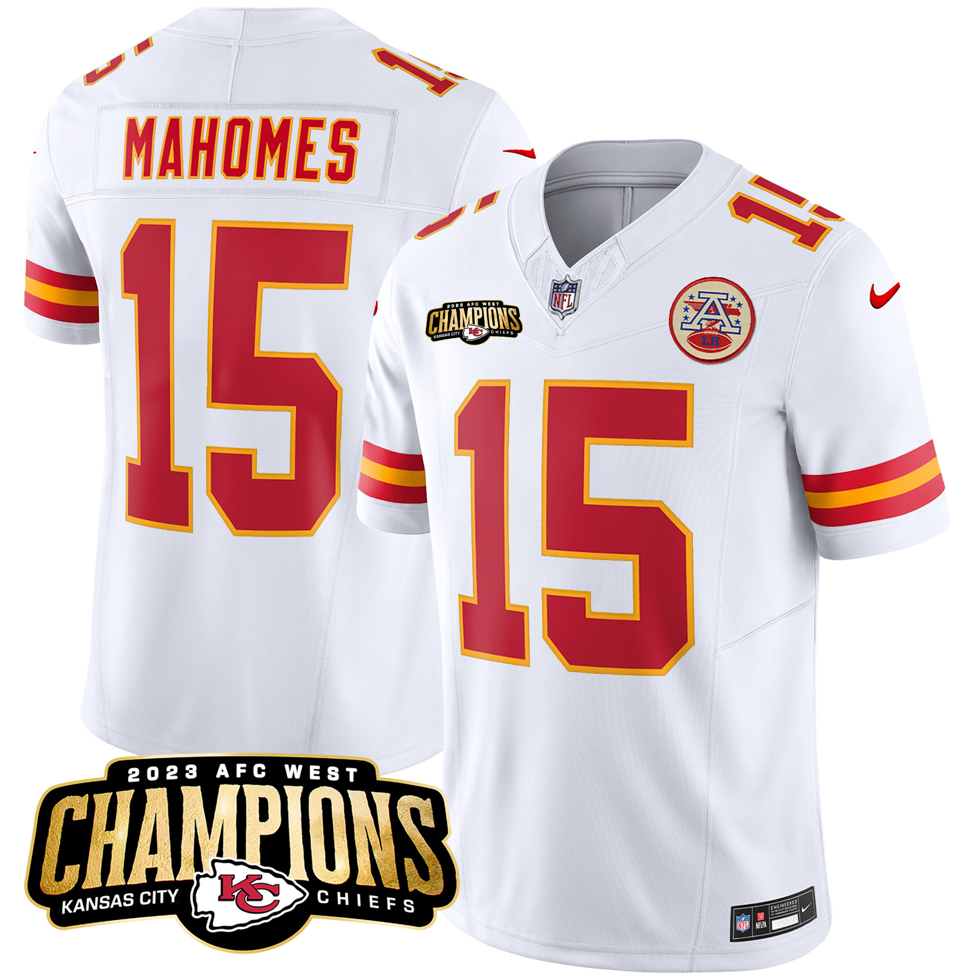 Patrick Mahomes Men's Kansas City Chiefs 2023 AFC West Champions Patch Vapor Limited White Jersey - All Stitched 
