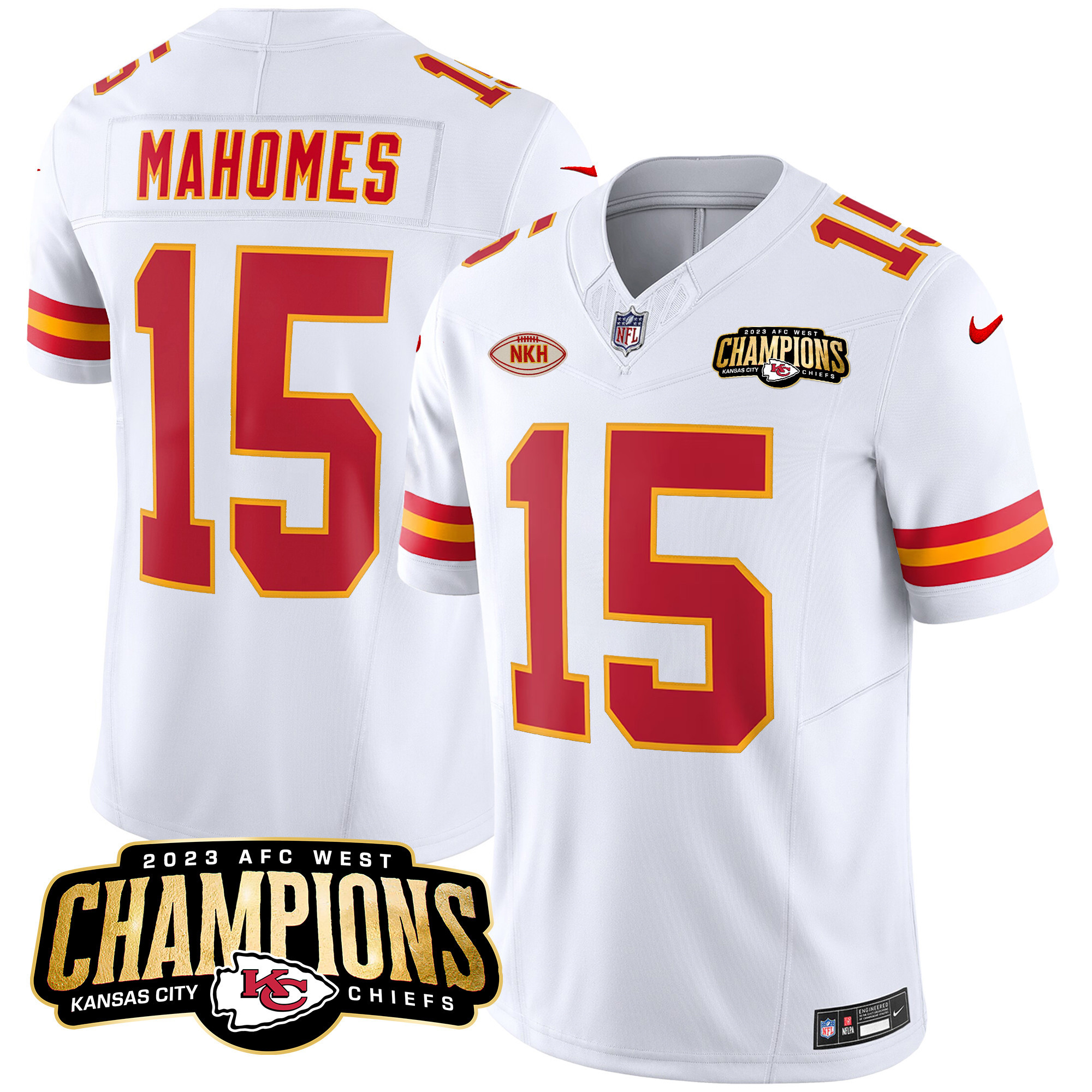 Patrick Mahomes Men's Kansas City Chiefs 2023 AFC West Champions Patch Vapor Limited White Jersey - All Stitched 
