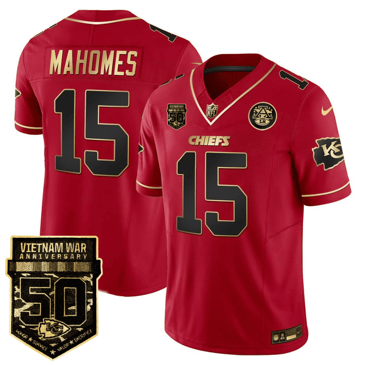 Patrick Mahomes Men's Kansas City Chiefs 50th Vietnam War Anniversary Patch Vapor Limited Black Red Jersey - All Stitched 