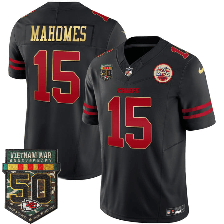 Patrick Mahomes Men's Kansas City Chiefs 50th Vietnam War Anniversary Patch Vapor Limited Gold Trim Jersey - All Stitched 