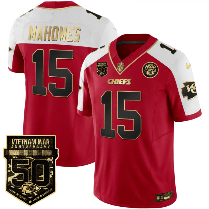 Patrick Mahomes Men's Kansas City Chiefs 50th Vietnam War Anniversary Patch Vapor Limited Red Alternate Jersey - All Stitched 