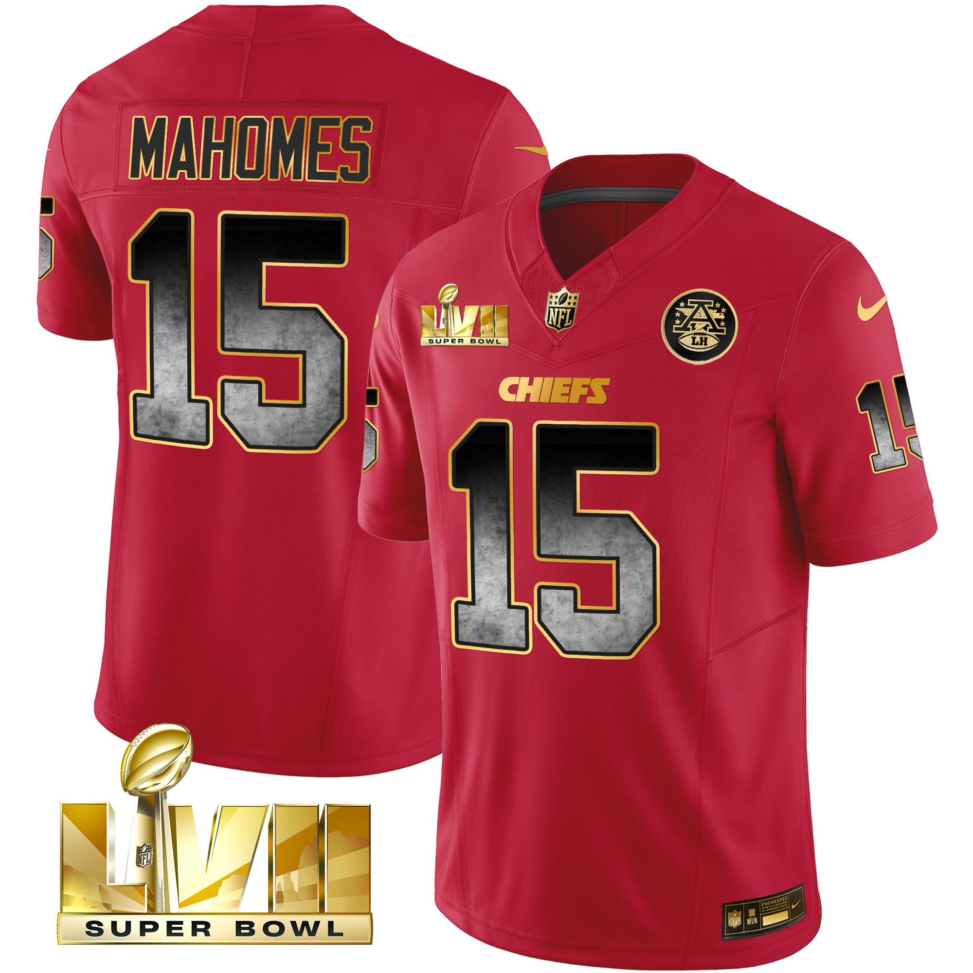 Patrick Mahomes Men's Kansas City Chiefs Gold Arch Smoke Vapor Red Gold Jersey - All Stitched 