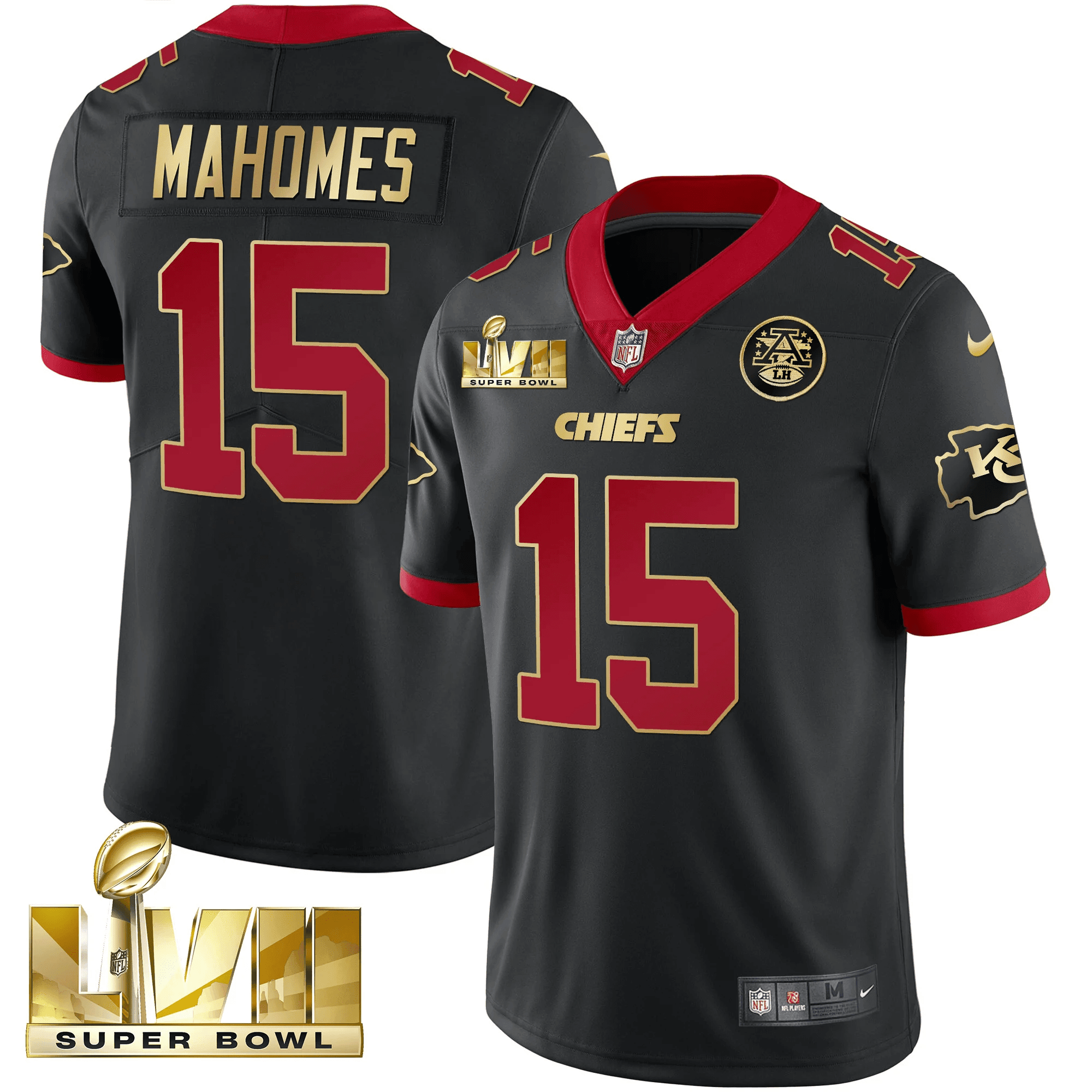 Patrick Mahomes Men's Kansas City Chiefs Super Bowl LVII Gold Trim Vapor V2 Black Jersey - All Stitched 