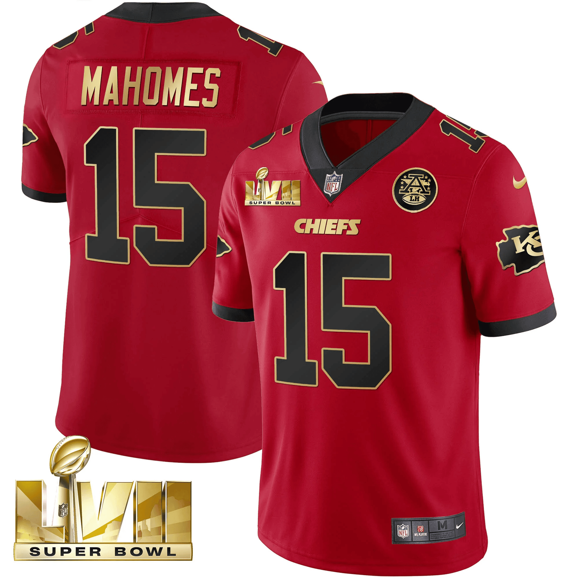 Patrick Mahomes Men's Kansas City Chiefs Super Bowl LVII Gold Trim Vapor V2 Red Jersey - All Stitched 