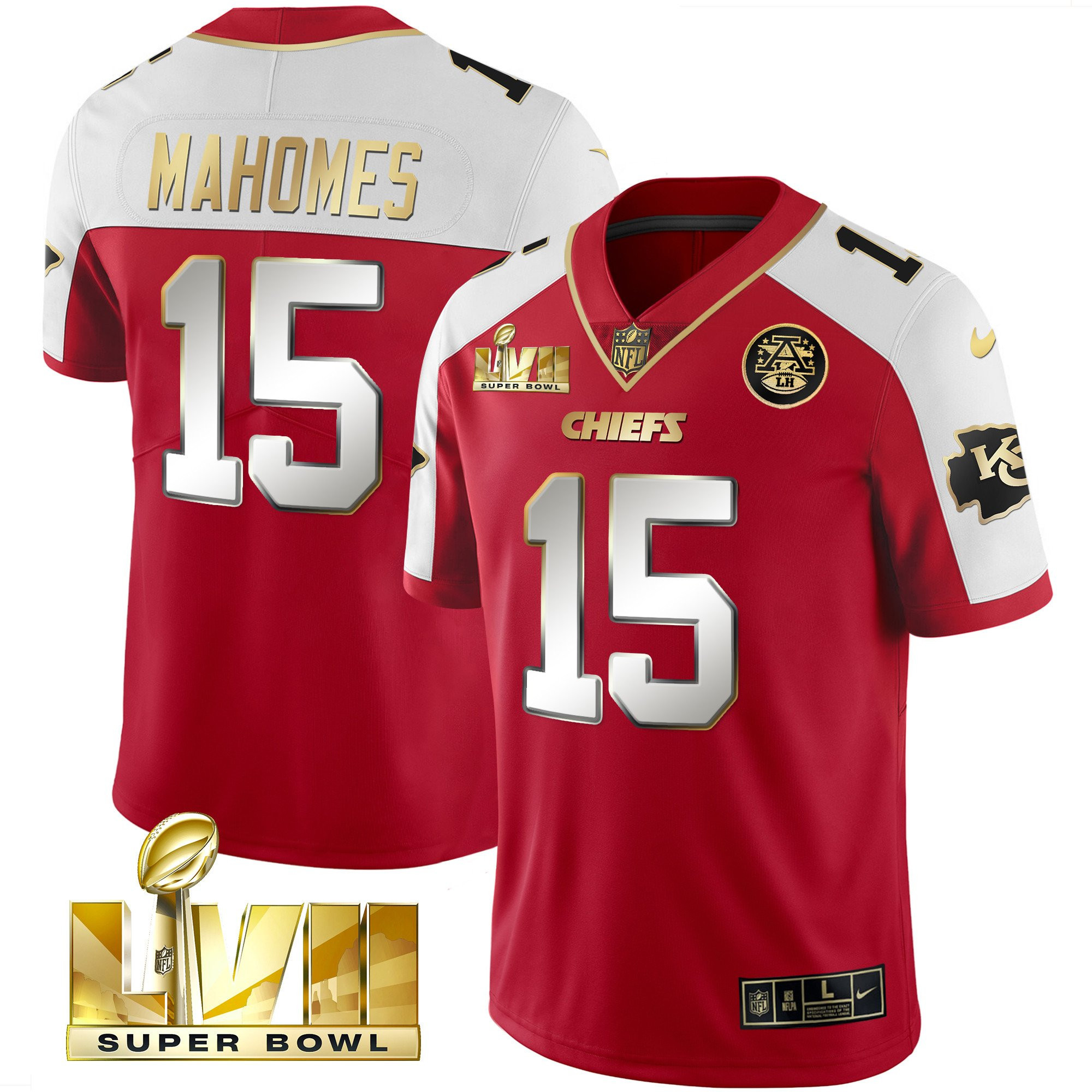 Patrick Mahomes Men's Kansas City Chiefs Super Bowl LVII Gold Vapor Limited Red Alternate Jersey - All Stitched 