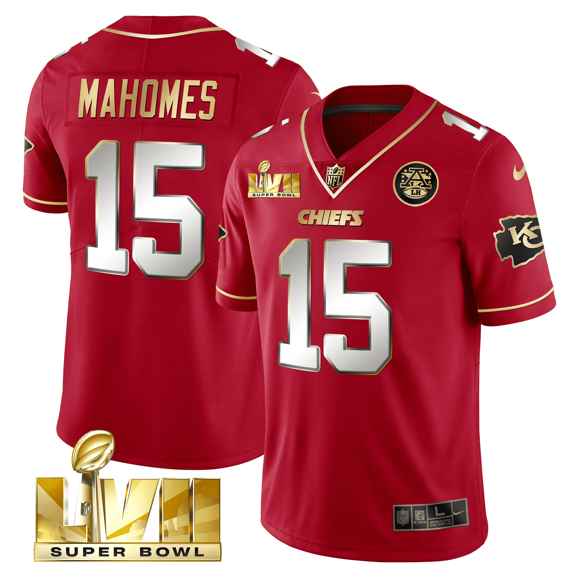 Patrick Mahomes Men's Kansas City Chiefs Super Bowl LVII Gold Vapor Limited Red Special Jersey - All Stitched 