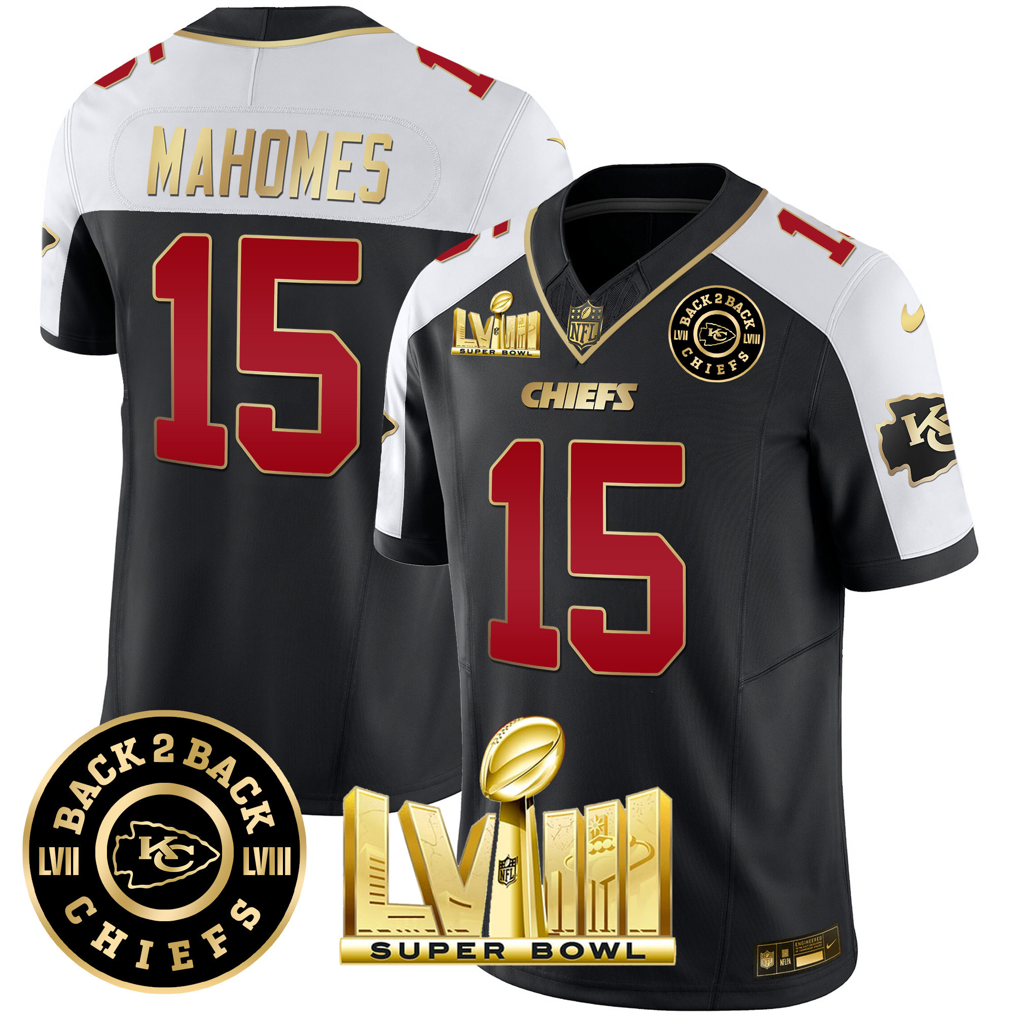 Patrick Mahomes Men's Kansas City Chiefs Super Bowl LVIII & Back 2 Back Patch Vapor Black Alternate Jersey - All Stitched 