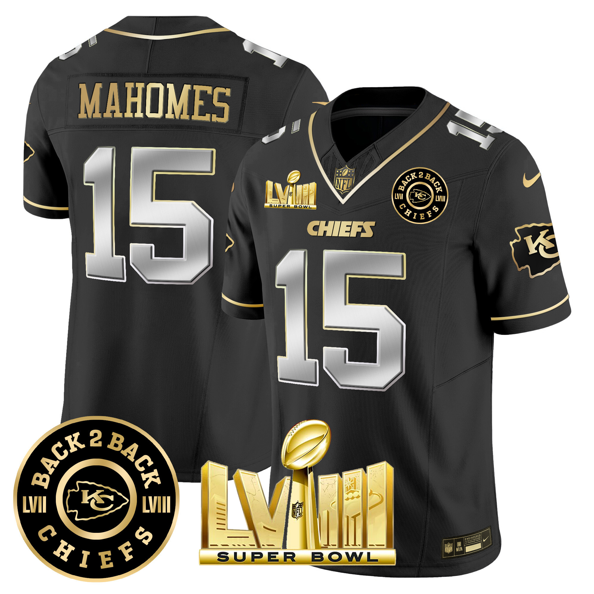 Patrick Mahomes Men's Kansas City Chiefs Super Bowl LVIII & Back 2 Back Patch Vapor Black Limited Jersey - All Stitched 