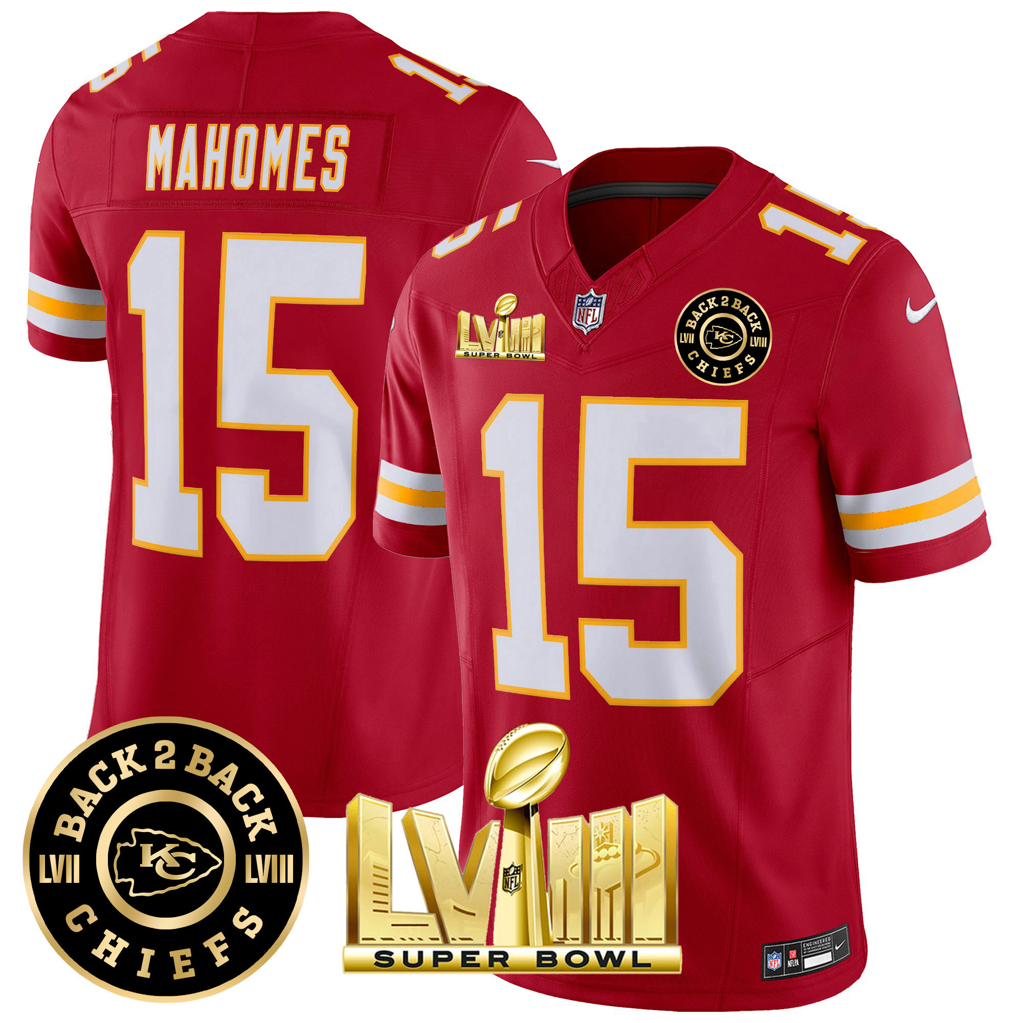 Patrick Mahomes Men's Kansas City Chiefs Super Bowl LVIII & Back 2 Back Patch Vapor Red Jersey - All Stitched 