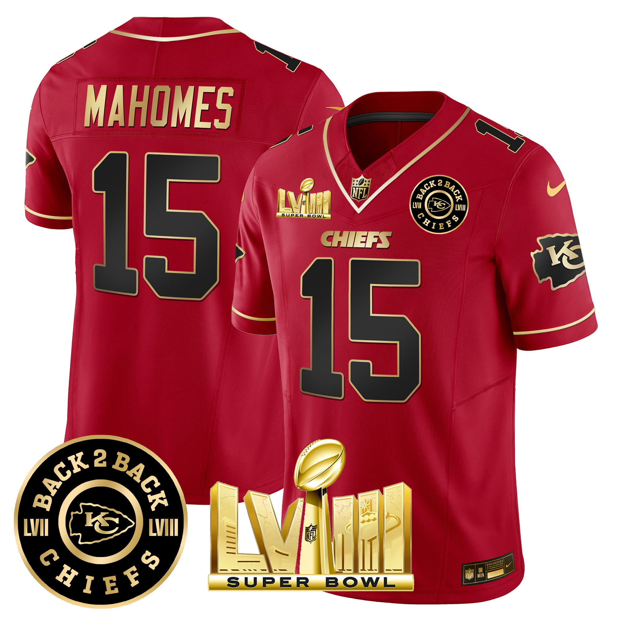 Patrick Mahomes Men's Kansas City Chiefs Super Bowl LVIII & Back 2 Back Patch Vapor Red Special Jersey - All Stitched 