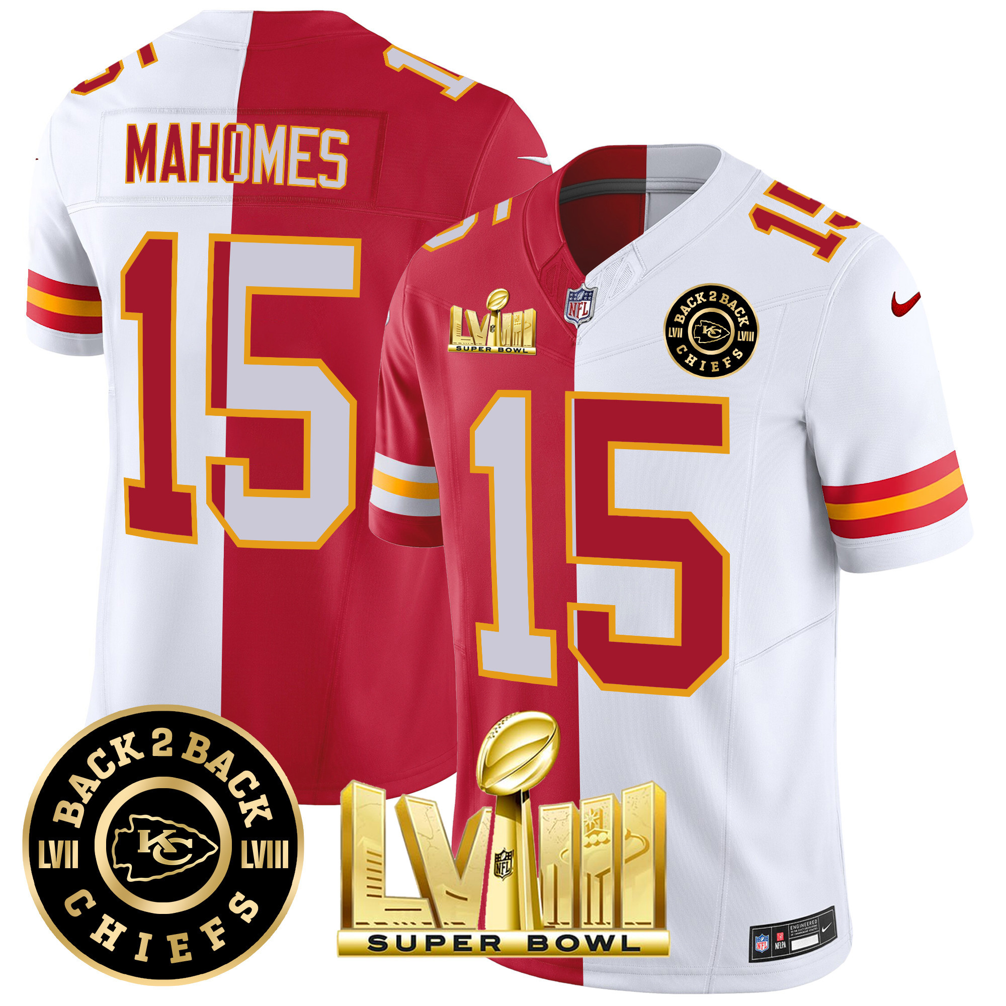 Patrick Mahomes Men's Kansas City Chiefs Super Bowl LVIII & Back 2 Back Patch Vapor Split Jersey - All Stitched 
