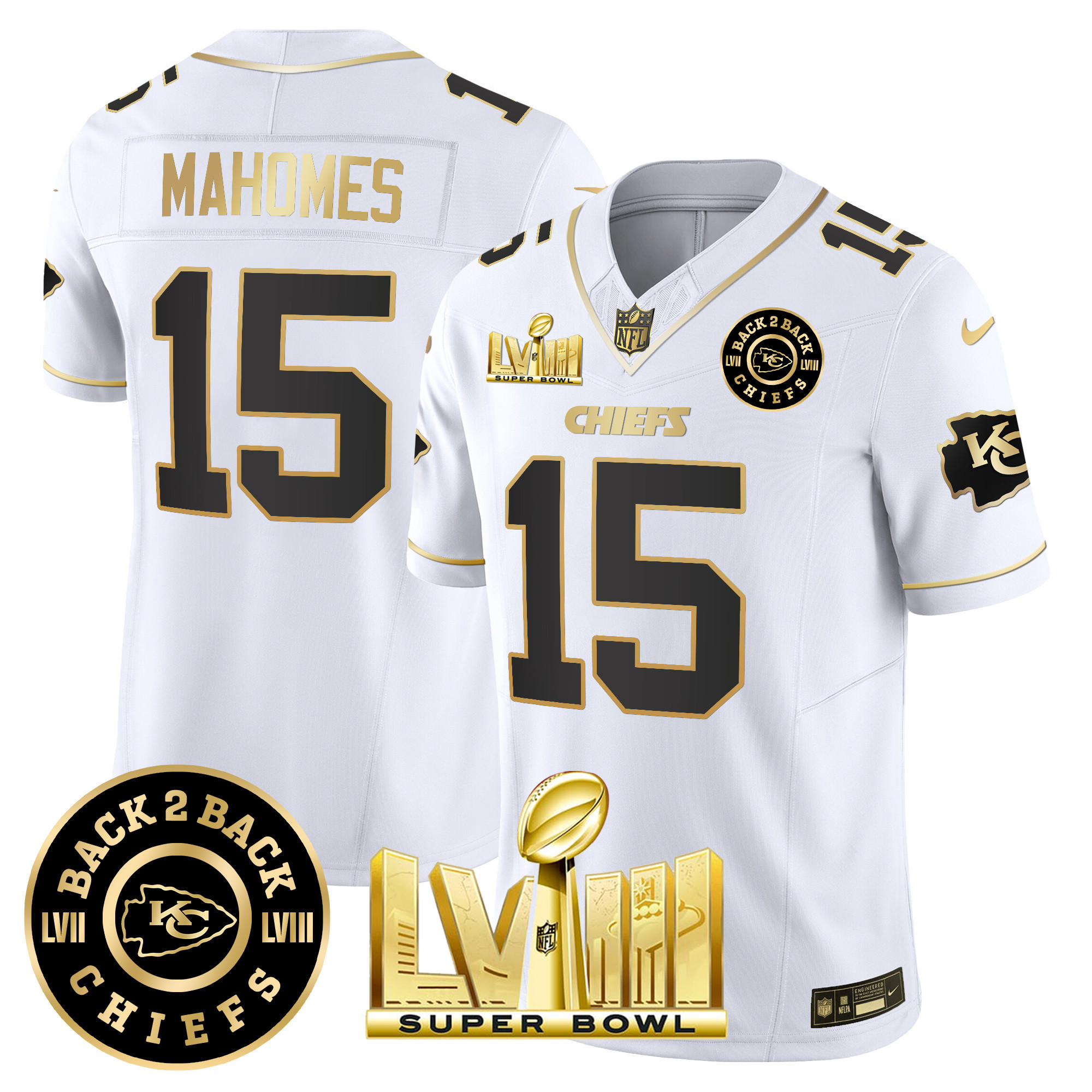 Patrick Mahomes Men's Kansas City Chiefs Super Bowl LVIII & Back 2 Back Patch Vapor White Gold Jersey - All Stitched 