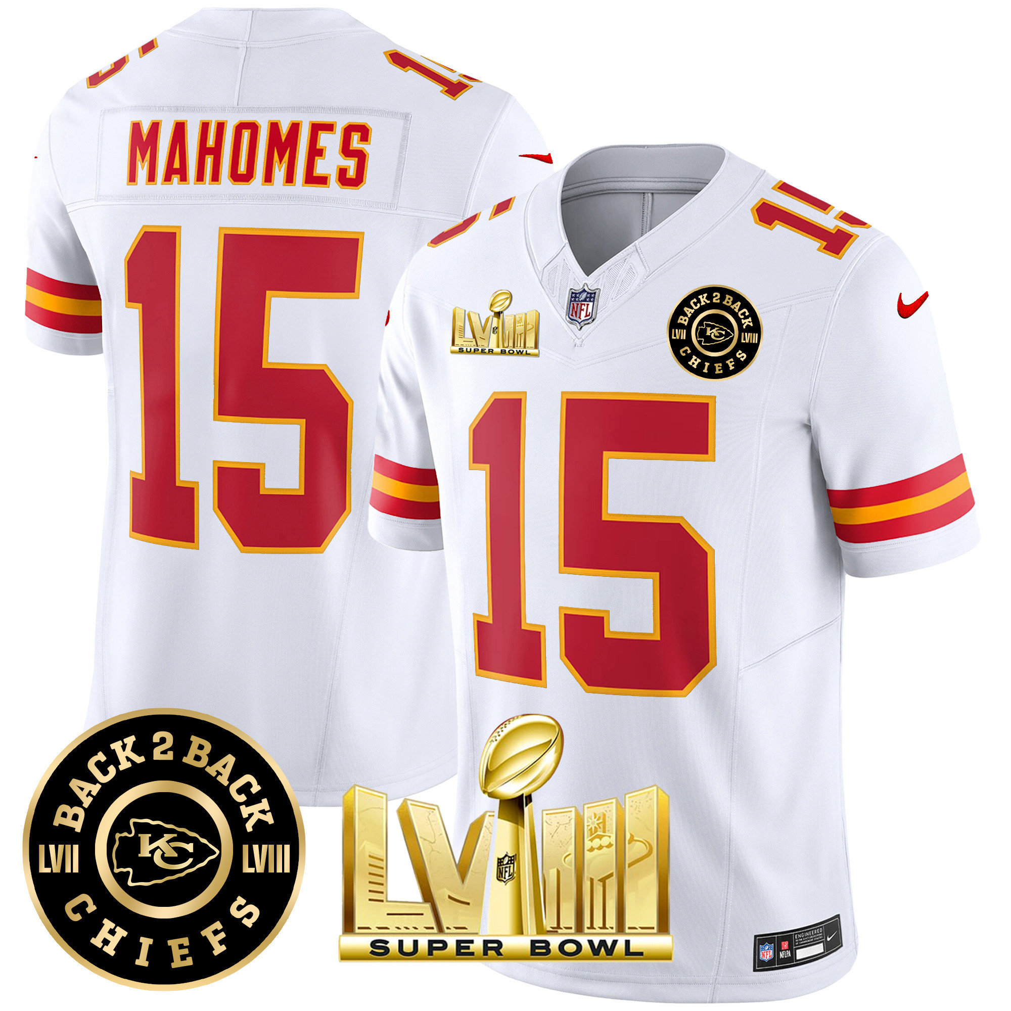Patrick Mahomes Men's Kansas City Chiefs Super Bowl LVIII & Back 2 Back Patch Vapor White Jersey - All Stitched 