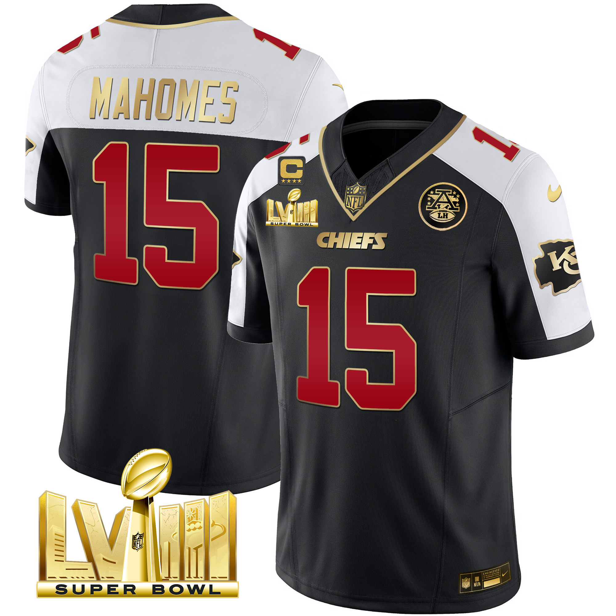 Patrick Mahomes Men's Kansas City Chiefs Super Bowl LVIII Gold Patch Vapor Black Alternate Jersey - All Stitched 