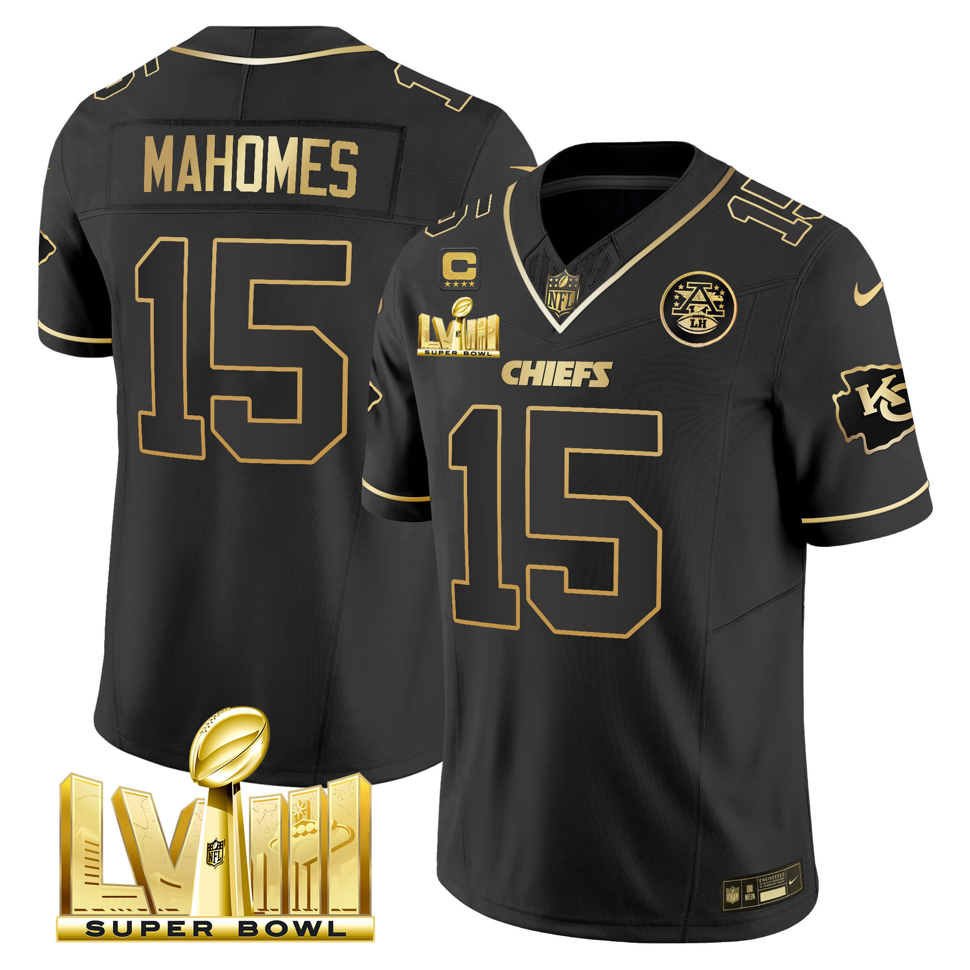 Patrick Mahomes Men's Kansas City Chiefs Super Bowl LVIII Gold Patch Vapor Black Gold Jersey - All Stitched 