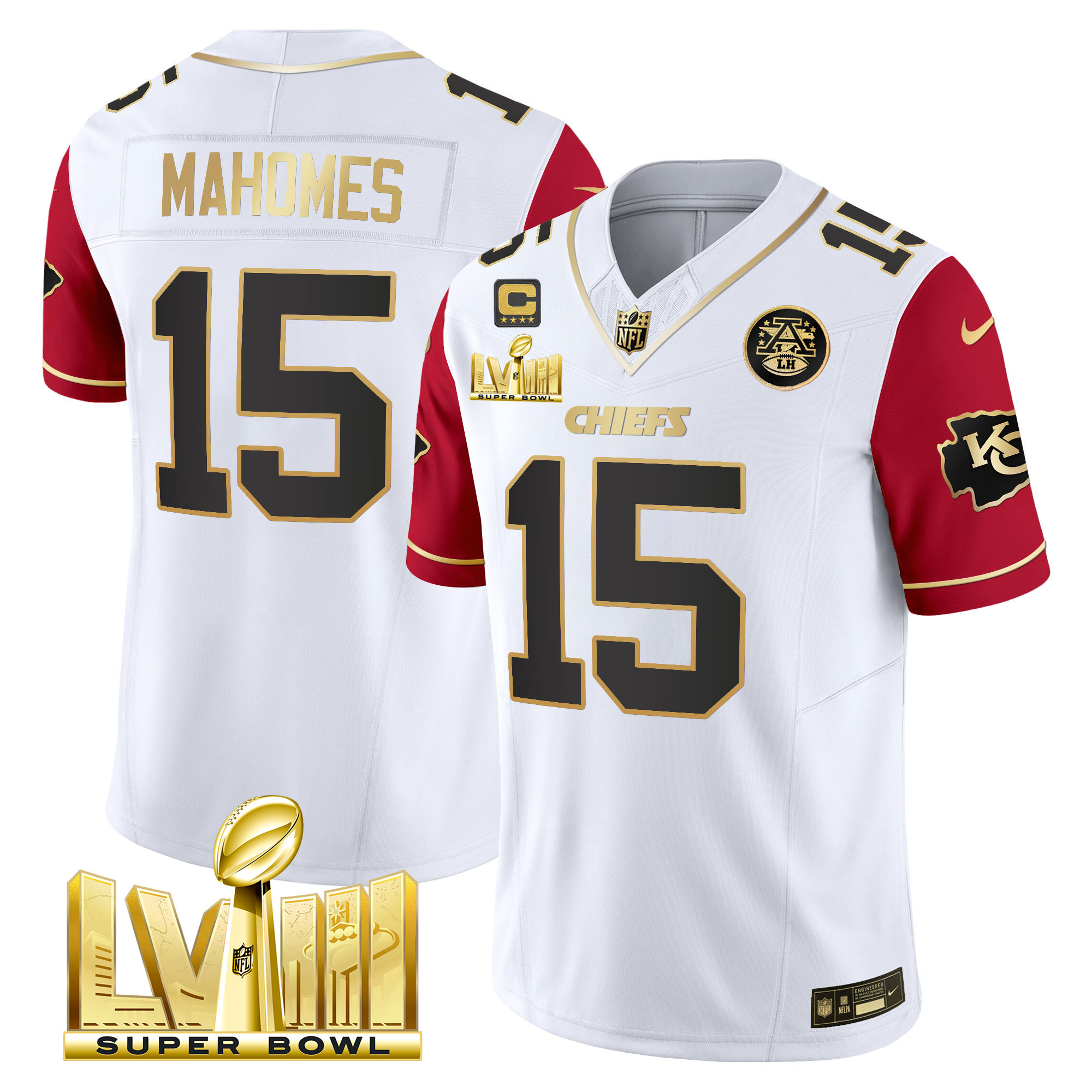 Patrick Mahomes Men's Kansas City Chiefs Super Bowl LVIII Gold Patch Vapor Color Sleeves Jersey - All Stitched 