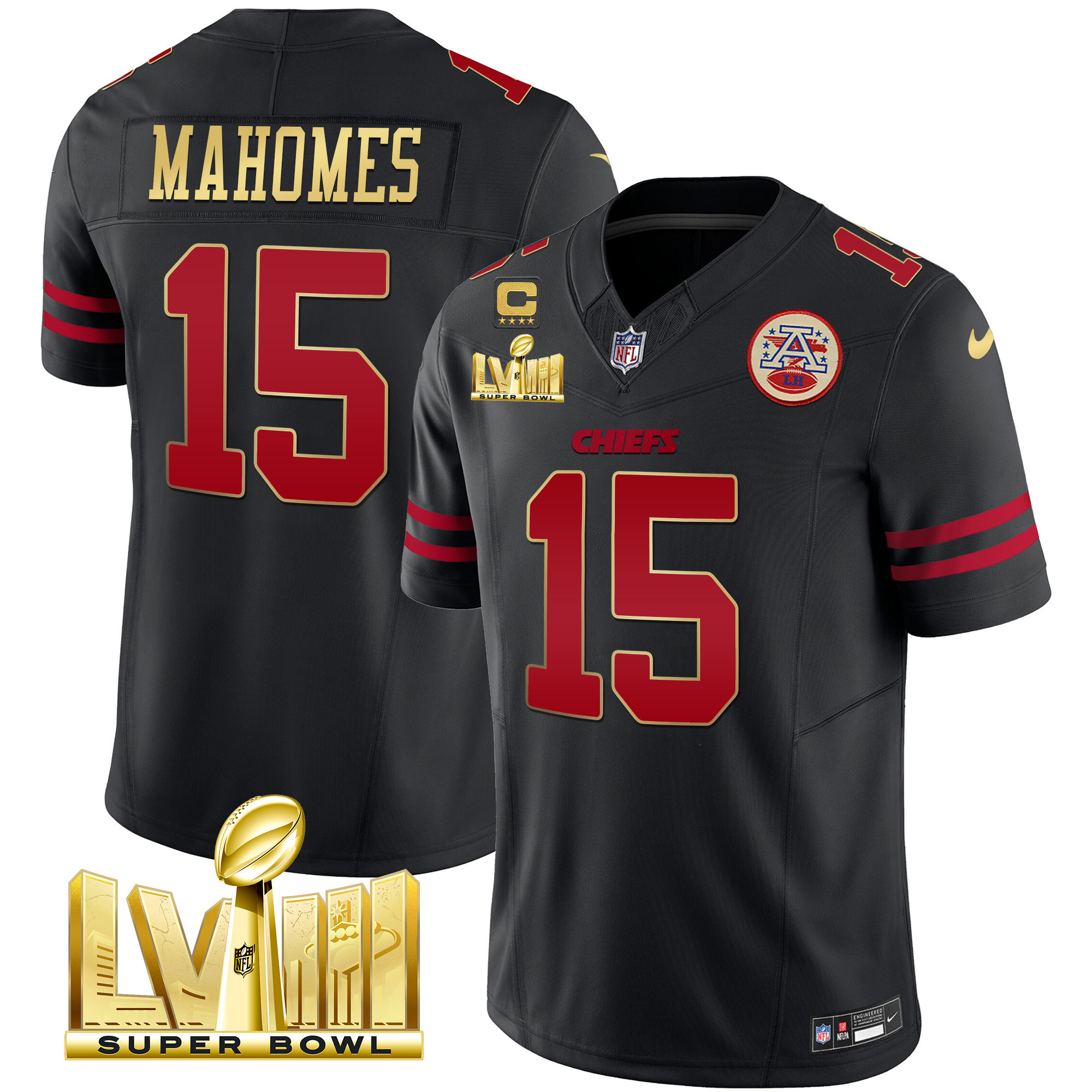 Patrick Mahomes Men's Kansas City Chiefs Super Bowl LVIII Gold Patch Vapor Gold Trim Jersey - All Stitched 