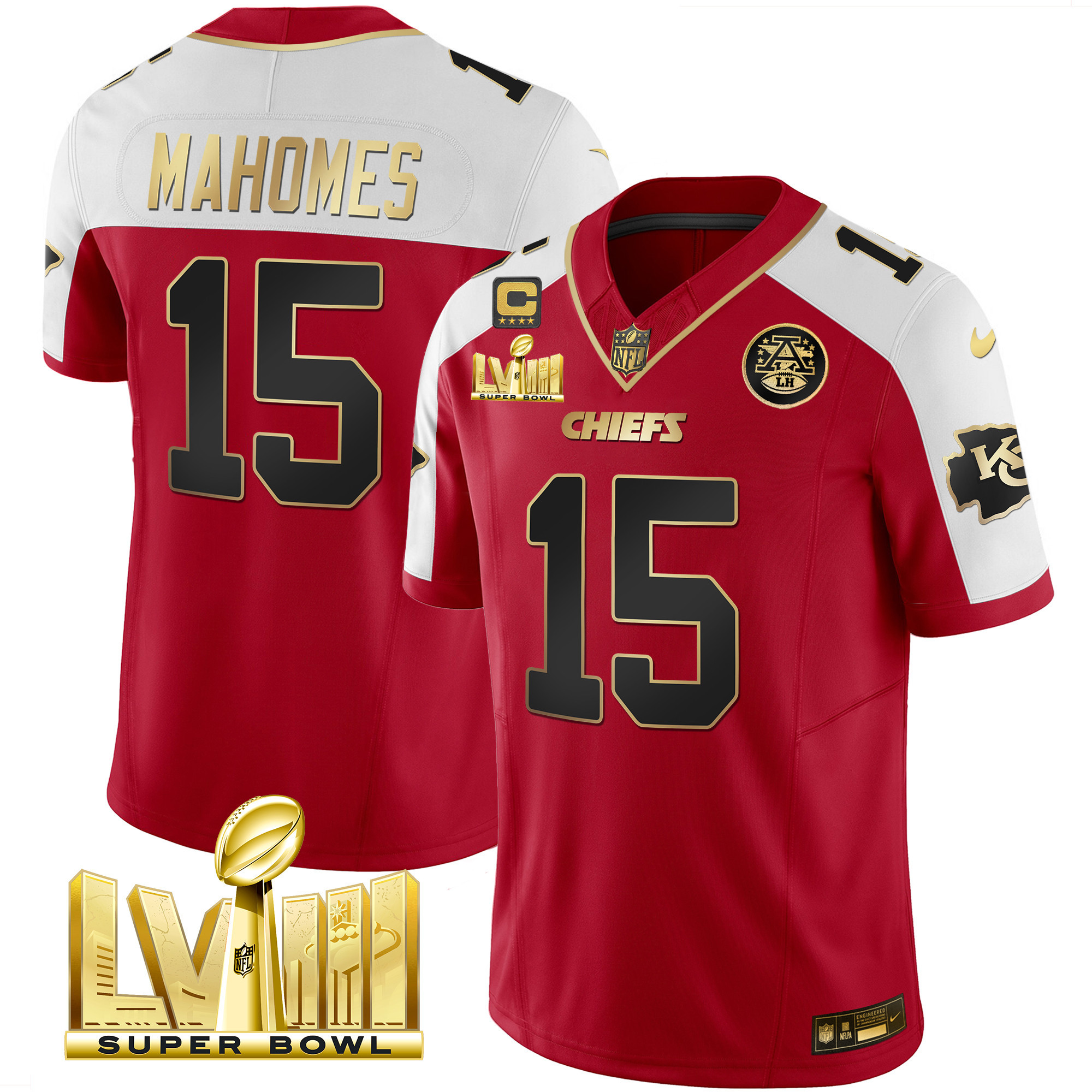 Patrick Mahomes Men's Kansas City Chiefs Super Bowl LVIII Gold Patch Vapor Red Alternate Jersey - All Stitched 