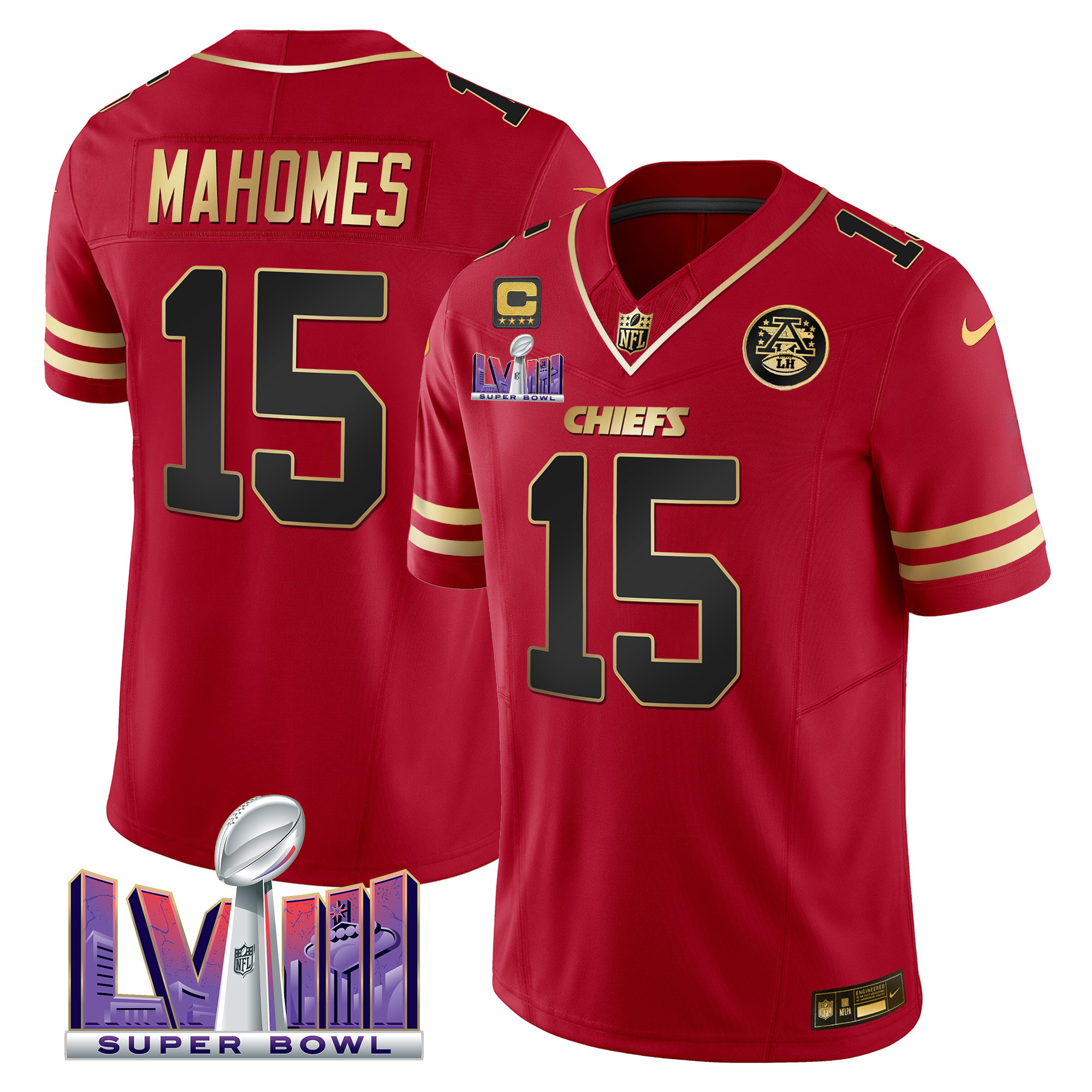 Patrick Mahomes Men's Kansas City Chiefs Super Bowl LVIII Patch Vapor Black Red Jersey - All Stitched 