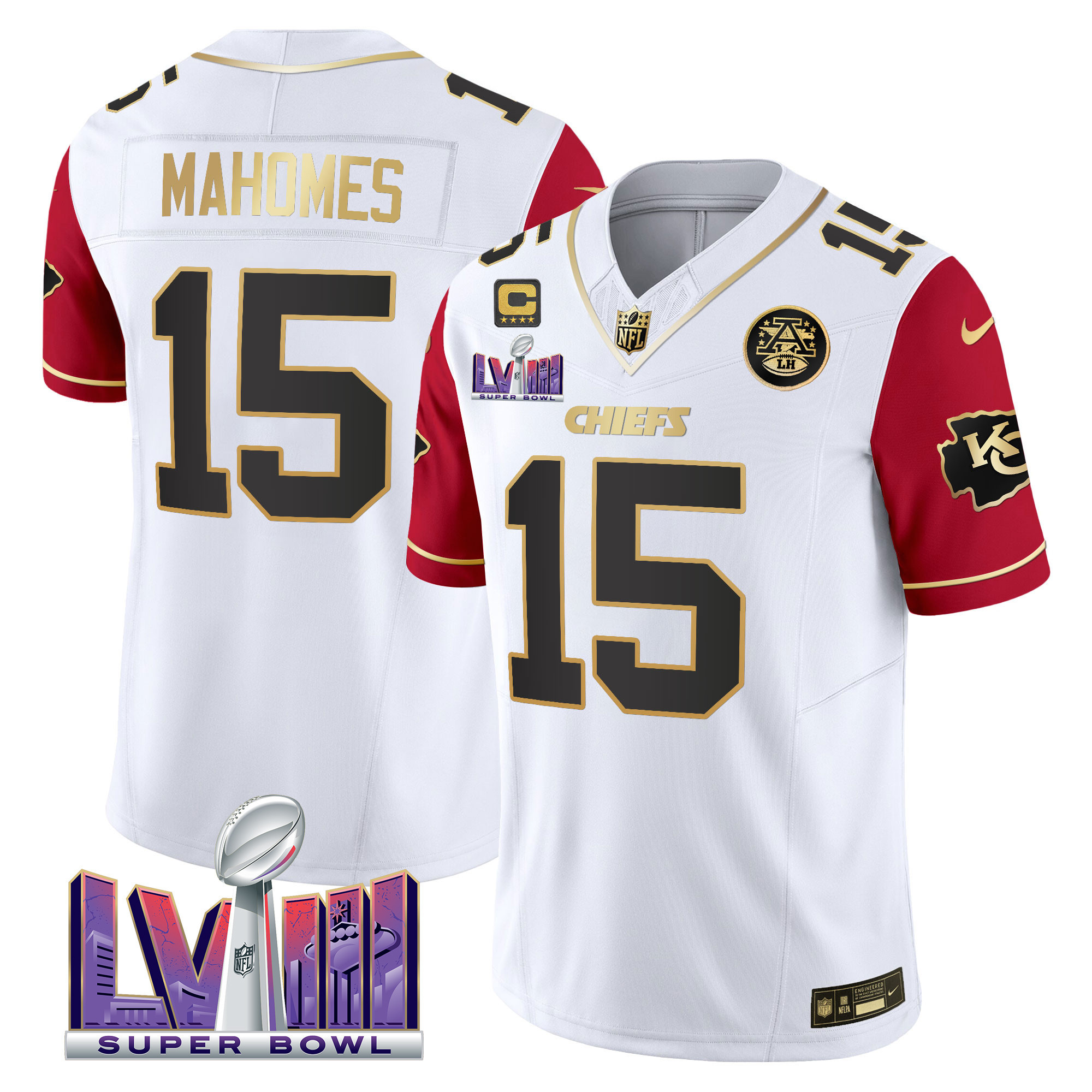 Patrick Mahomes Men's Kansas City Chiefs Super Bowl LVIII Patch Vapor Color Sleeves Jersey - All Stitched 