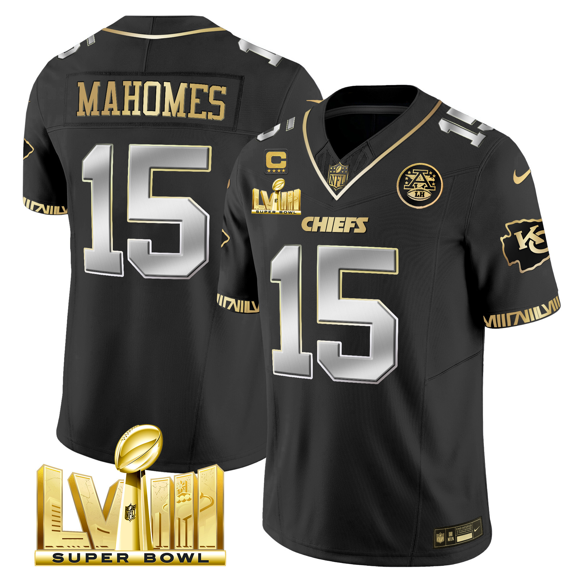 Patrick Mahomes Men's Kansas City Chiefs Super Bowl LVIII Pattern Gold Vapor Black Limited Jersey - All Stitched 