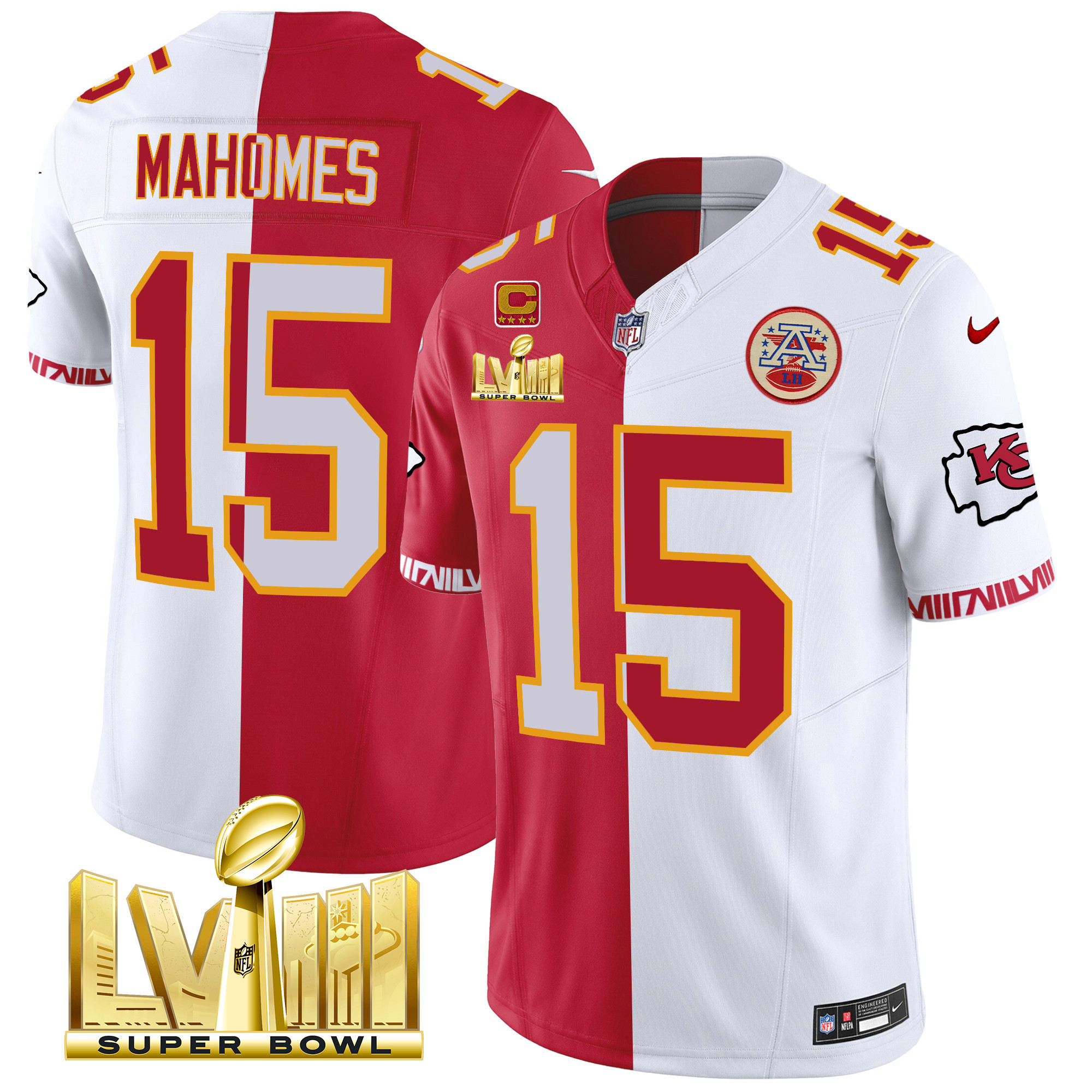 Patrick Mahomes Men's Kansas City Chiefs Super Bowl LVIII Pattern Gold Vapor Split Jersey - All Stitched 