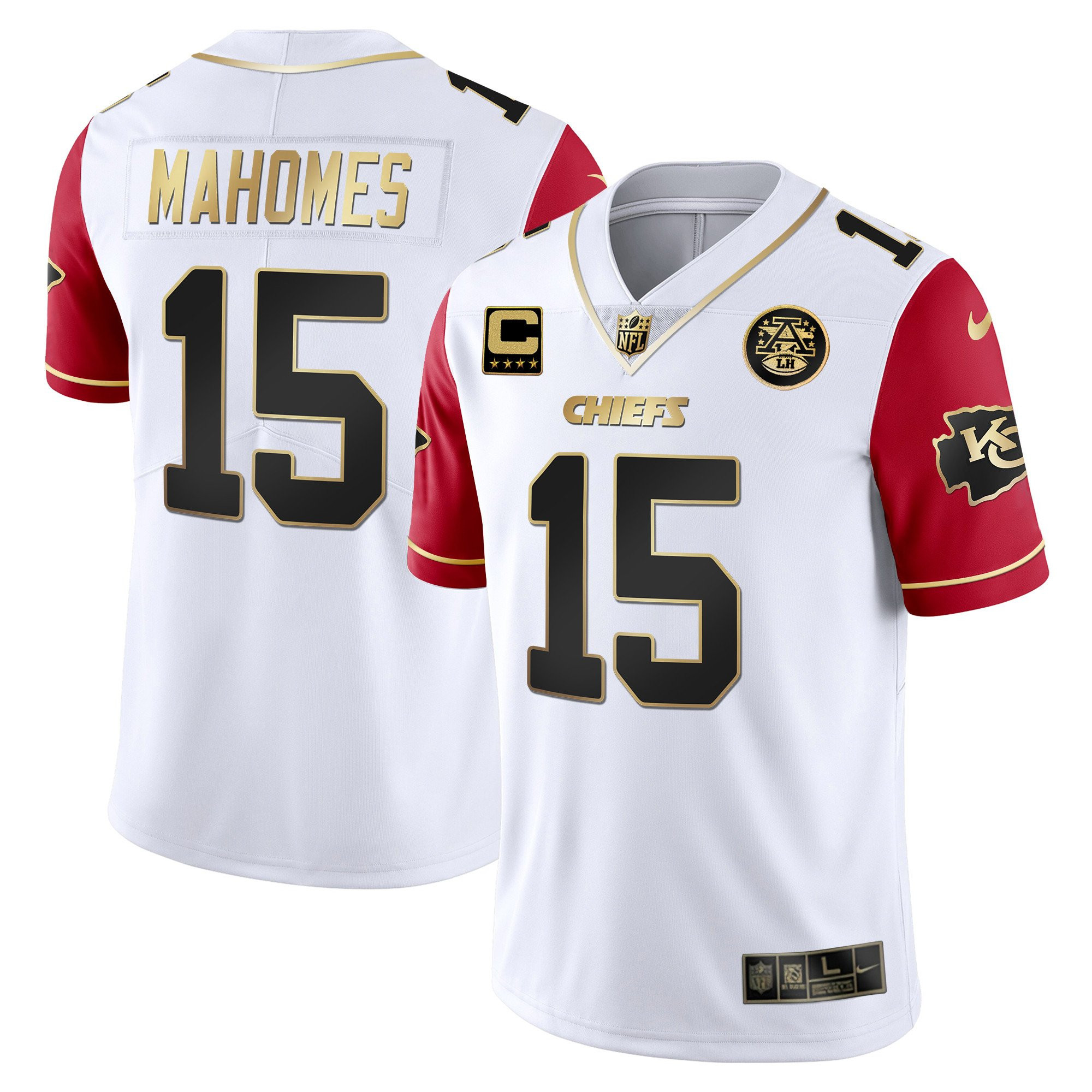 Patrick Mahomes Men's Kansas City Chiefs White Gold & Black Gold Red Sleeves Jersey - All Stitched 