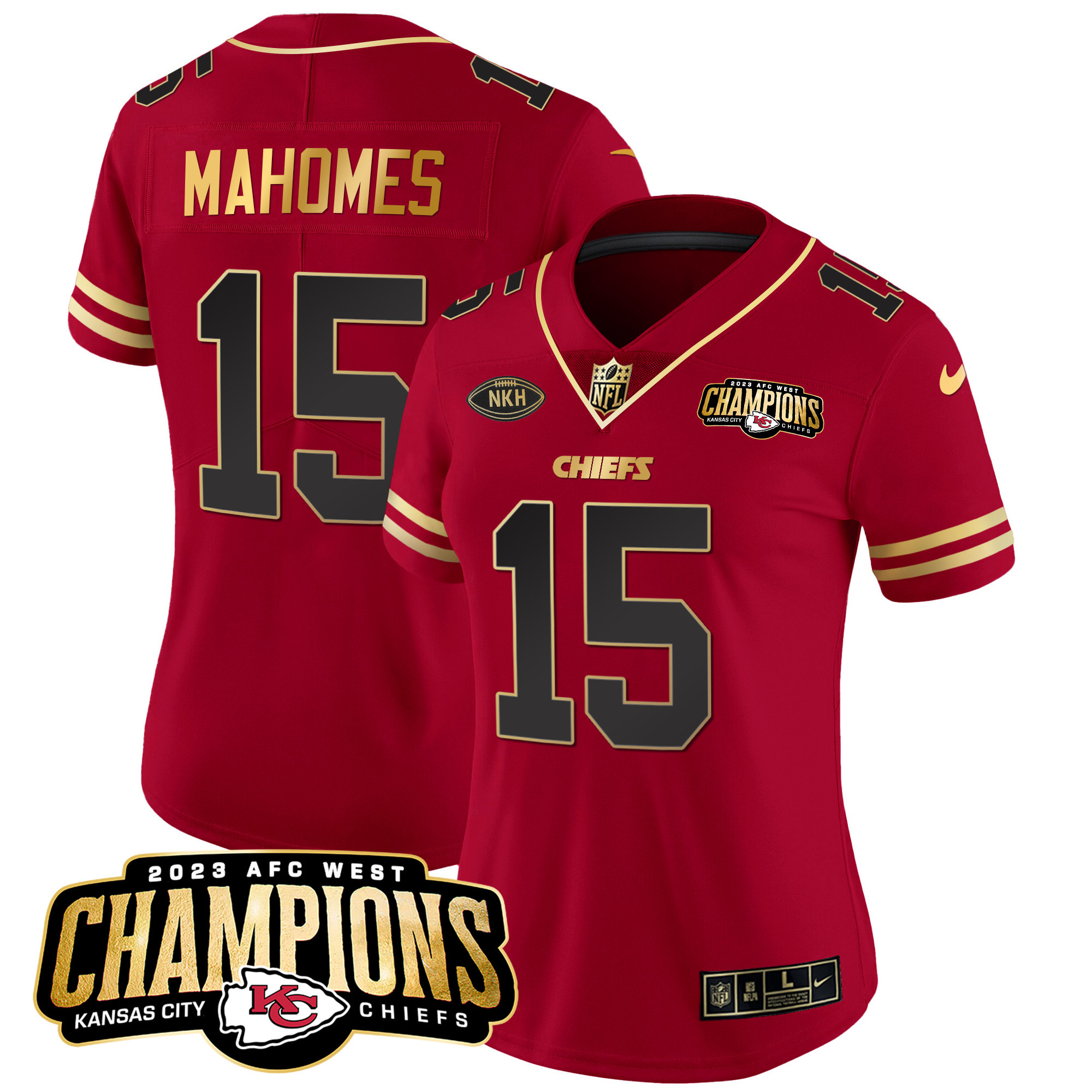 Patrick Mahomes Women's Kansas City Chiefs 2023 AFC West Champions Patch Vapor Limited Black Red Jersey - All Stitched 