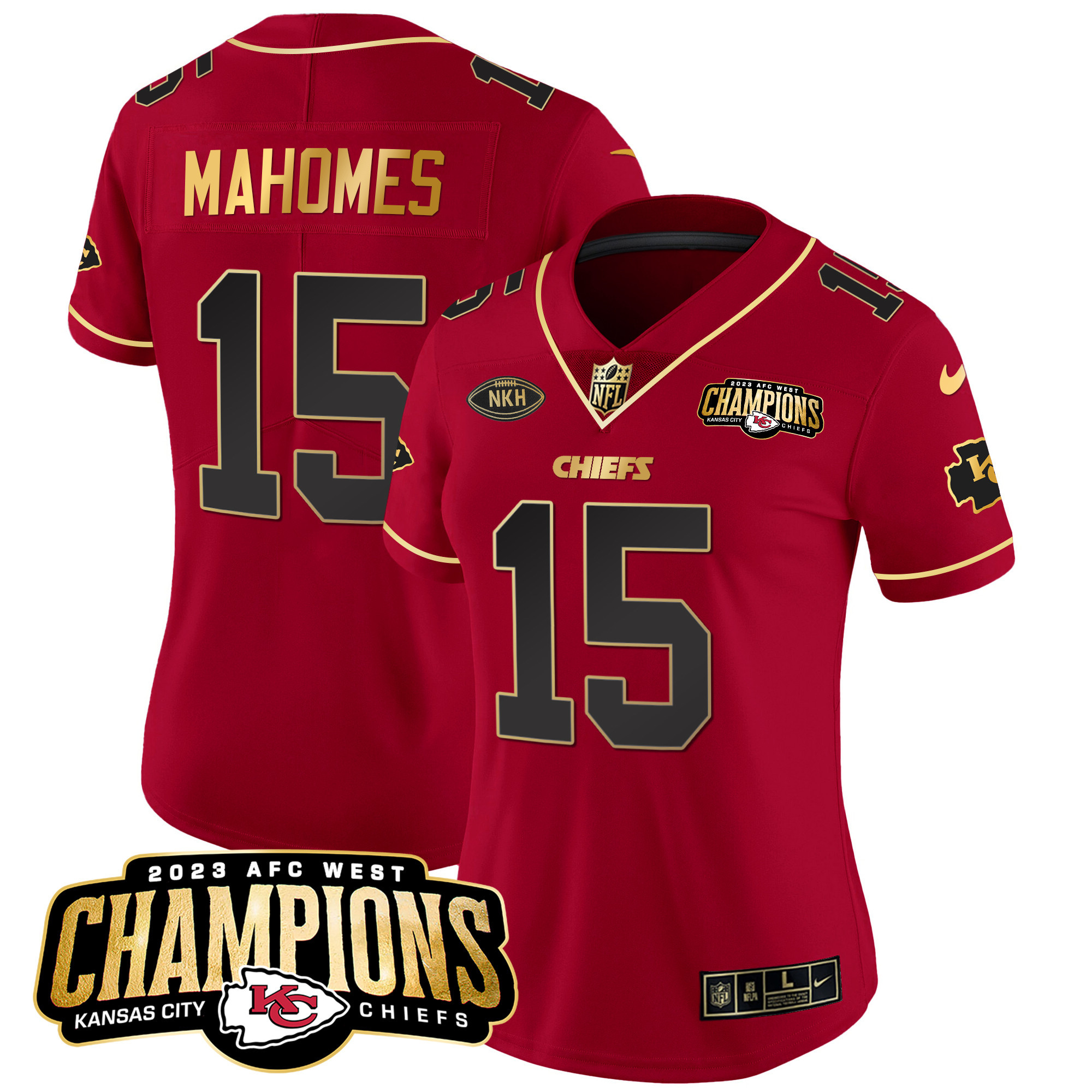 Patrick Mahomes Women's Kansas City Chiefs 2023 AFC West Champions Patch Vapor Limited Red Special Jersey - All Stitched 