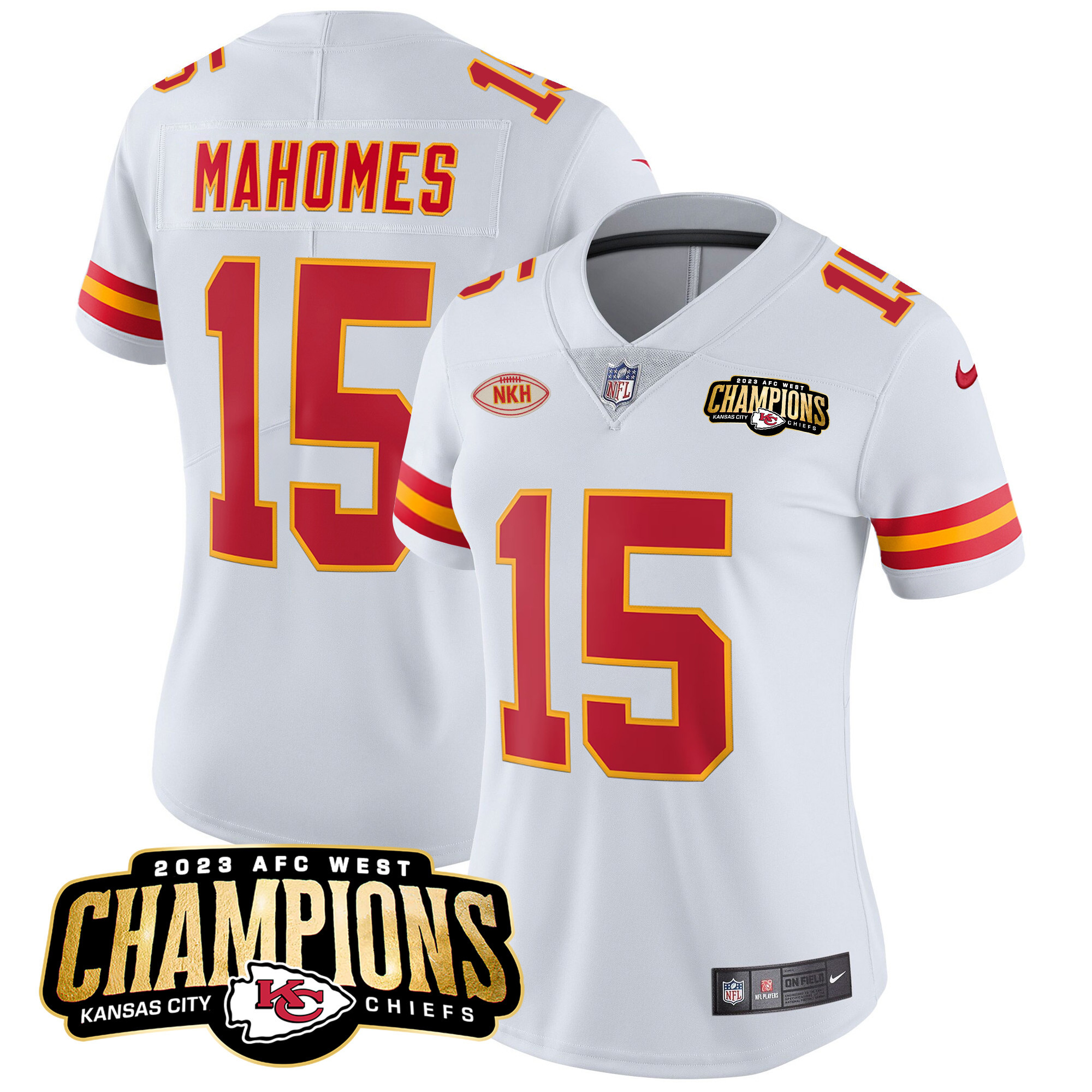 Patrick Mahomes Women's Kansas City Chiefs 2023 AFC West Champions Patch Vapor Limited White Jersey - All Stitched 