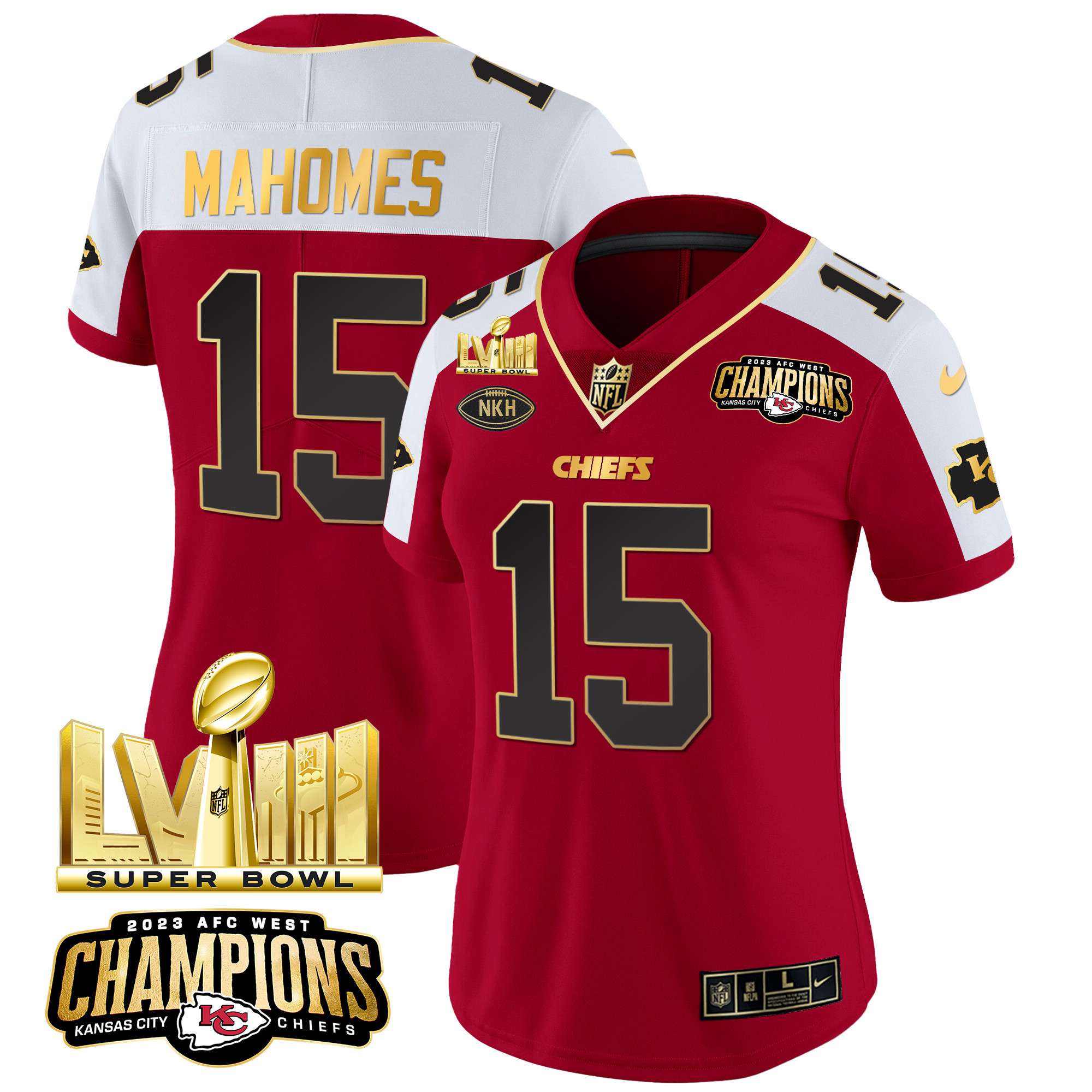 Patrick Mahomes Women's Kansas City Chiefs AFC West Champions & Super Bowl LVIII Gold Patch Vapor Red Alternate Jersey - All Stitched 