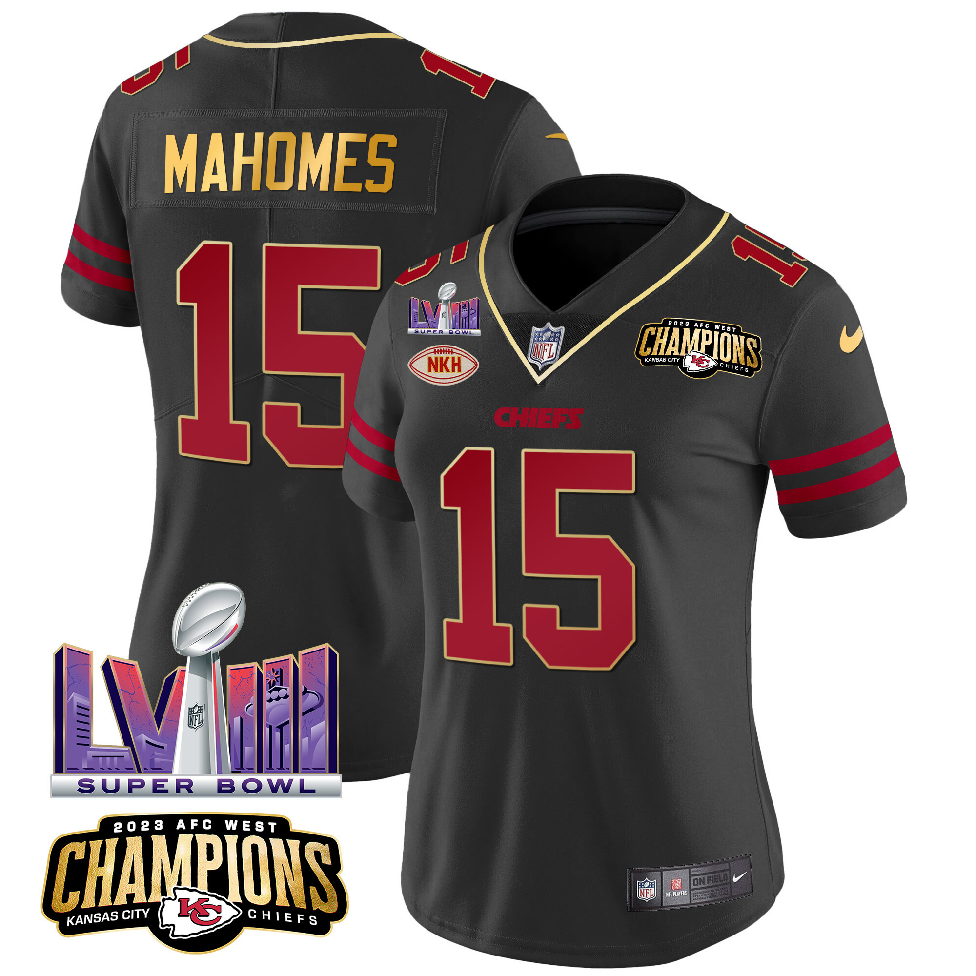 Patrick Mahomes Women's Kansas City Chiefs AFC West Champions & Super Bowl LVIII Patch Vapor Gold Trim Jersey - All Stitched 