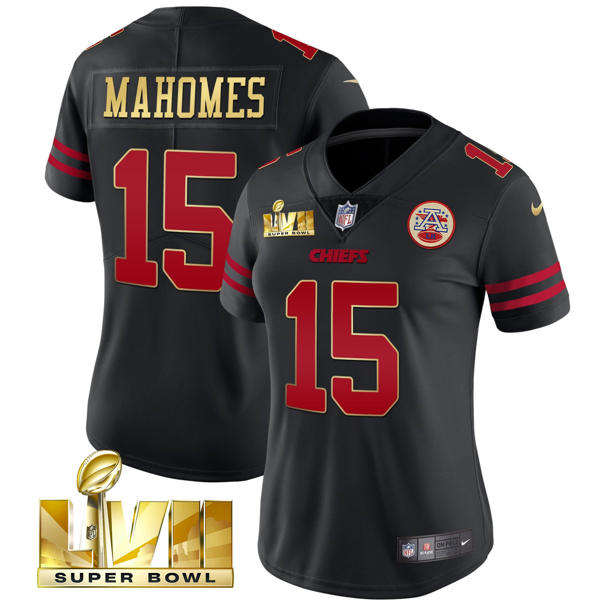 Patrick Mahomes Women's Kansas City Chiefs Super Bowl LVII Red Gold Vapor Black Gold Trim Jersey - All Stitched 