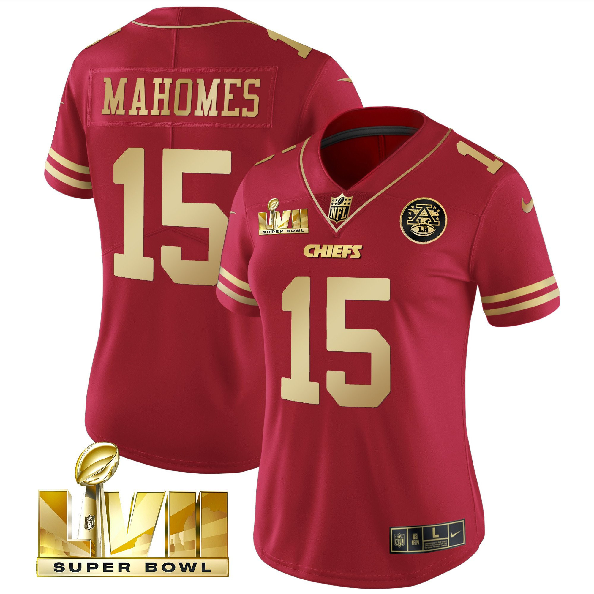 Patrick Mahomes Women's Kansas City Chiefs Super Bowl LVII Red Gold Vapor Red Gold Jersey - All Stitched 