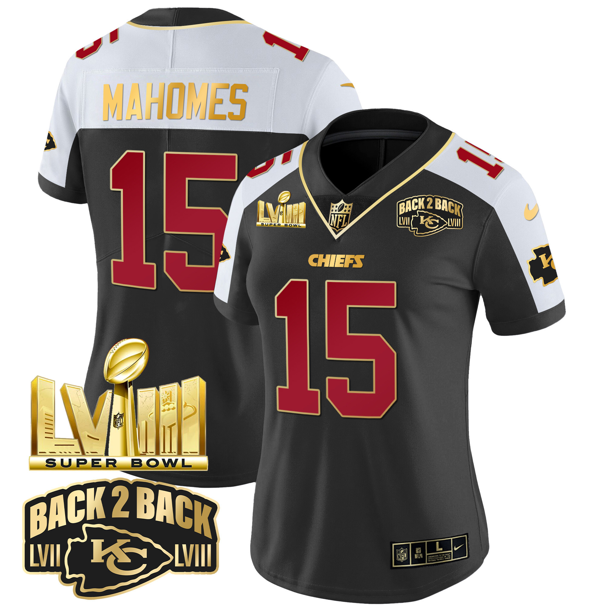 Patrick Mahomes Women's Kansas City Chiefs Super Bowl LVIII & Back 2 Back Gold Patch Vapor Black Alternate Jersey - All Stitched 
