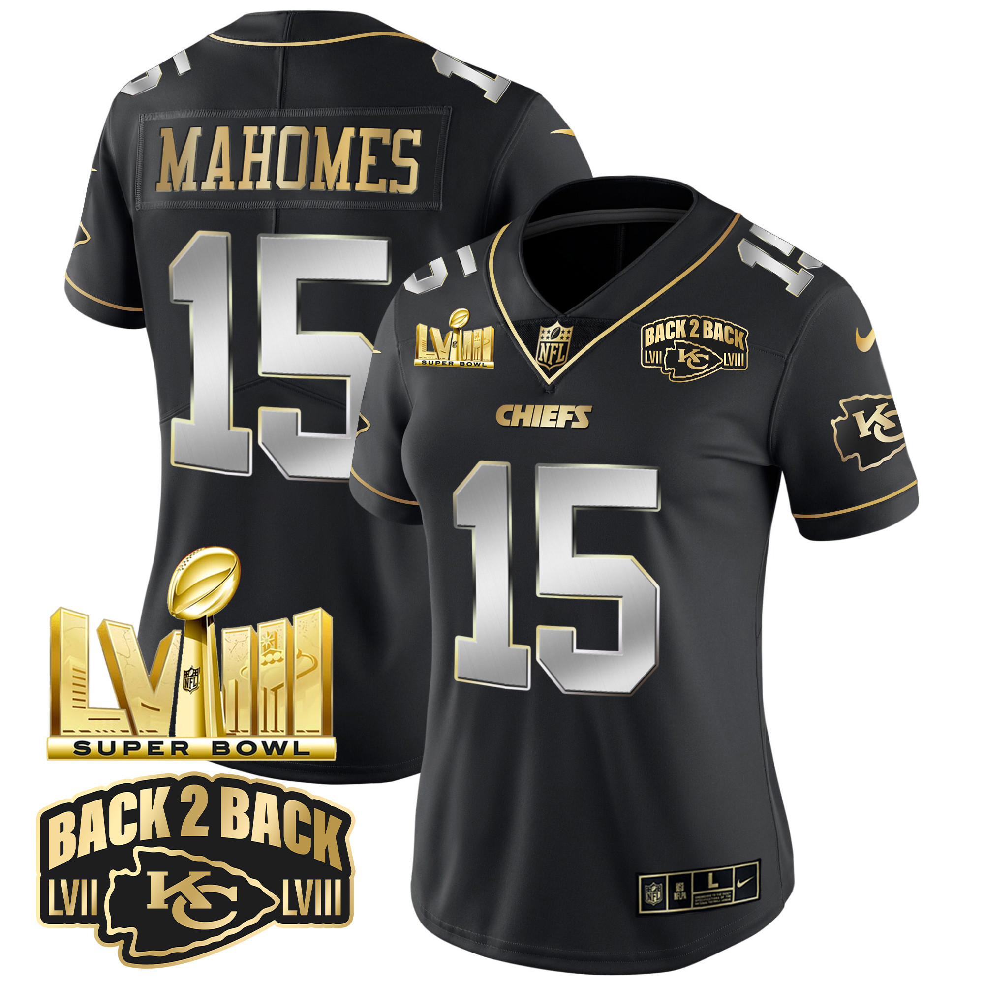 Patrick Mahomes Women's Kansas City Chiefs Super Bowl LVIII & Back 2 Back Gold Patch Vapor Black Limited Jersey - All Stitched 