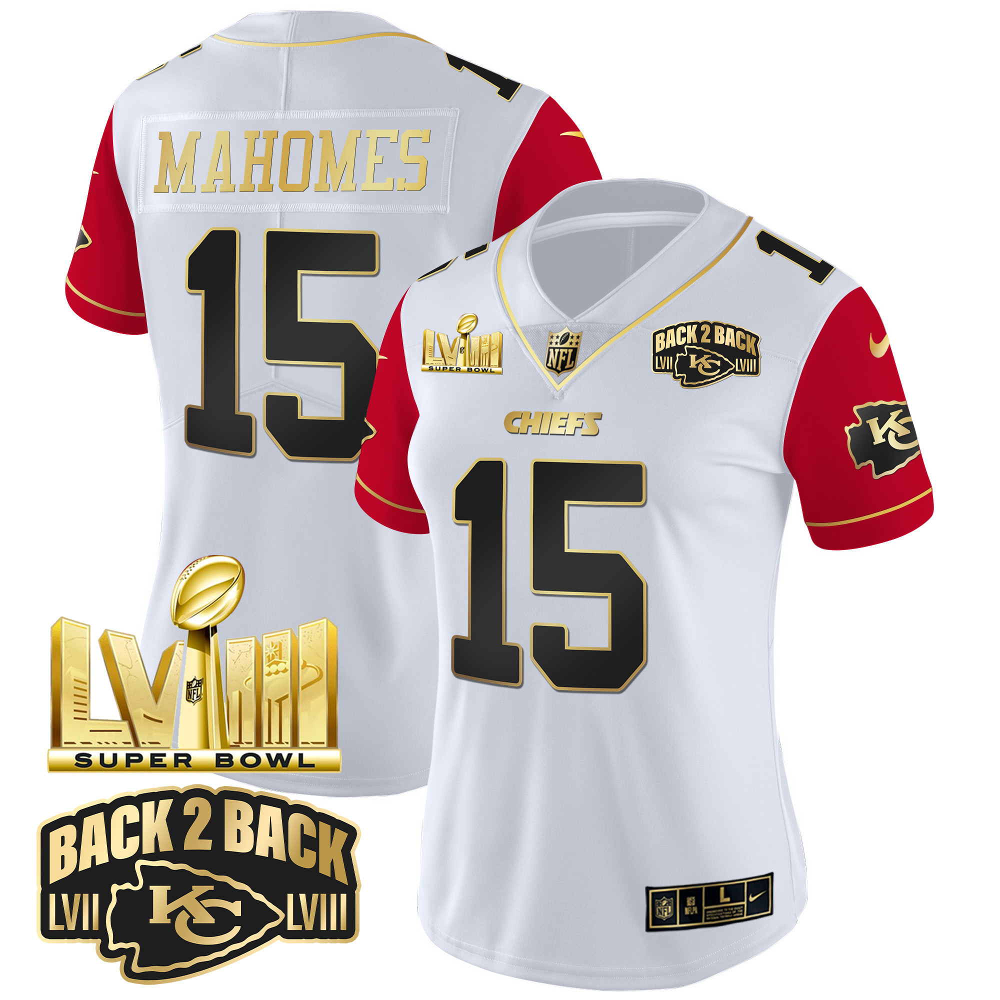 Patrick Mahomes Women's Kansas City Chiefs Super Bowl LVIII & Back 2 Back Gold Patch Vapor Color Sleeves Jersey - All Stitched 